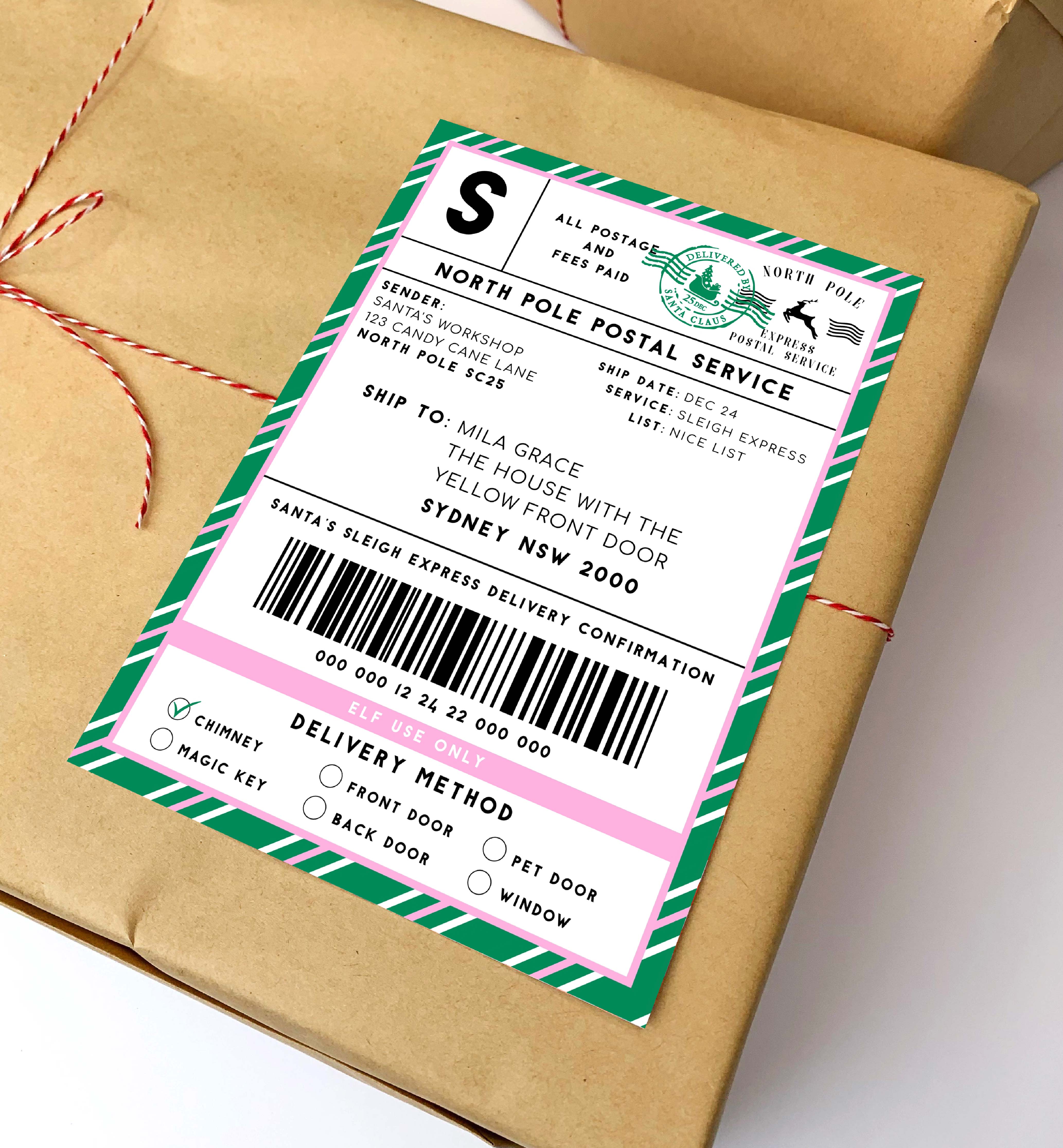 SAW-GPK-6-B2329 - SANTAS WORKSHOP - GREEN PINK - SHIPPING LABEL design preview