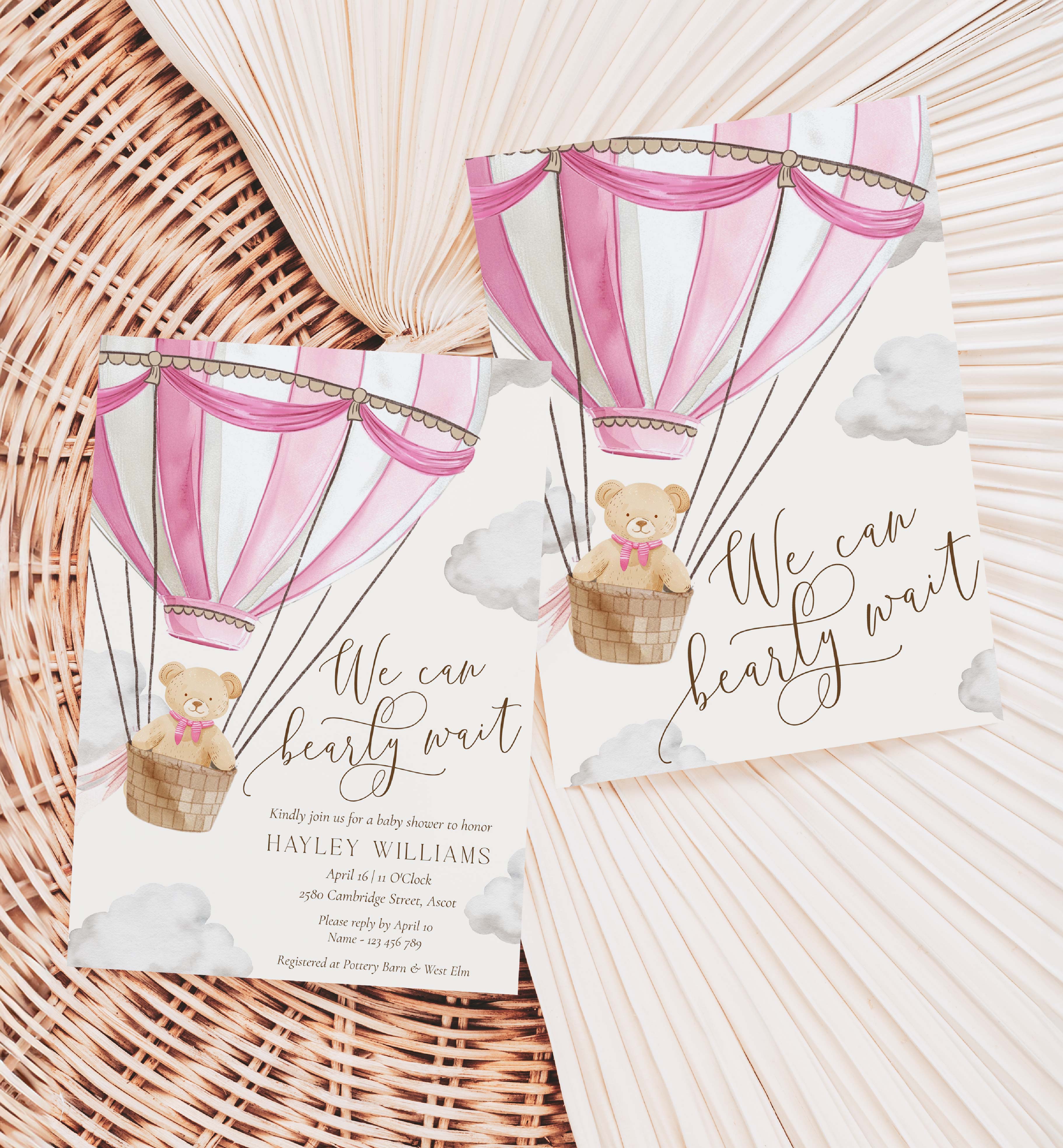 BER-PNK-1-B3544 - BEARLY WAIT - PINK - BABY SHOWER INVITATION design preview