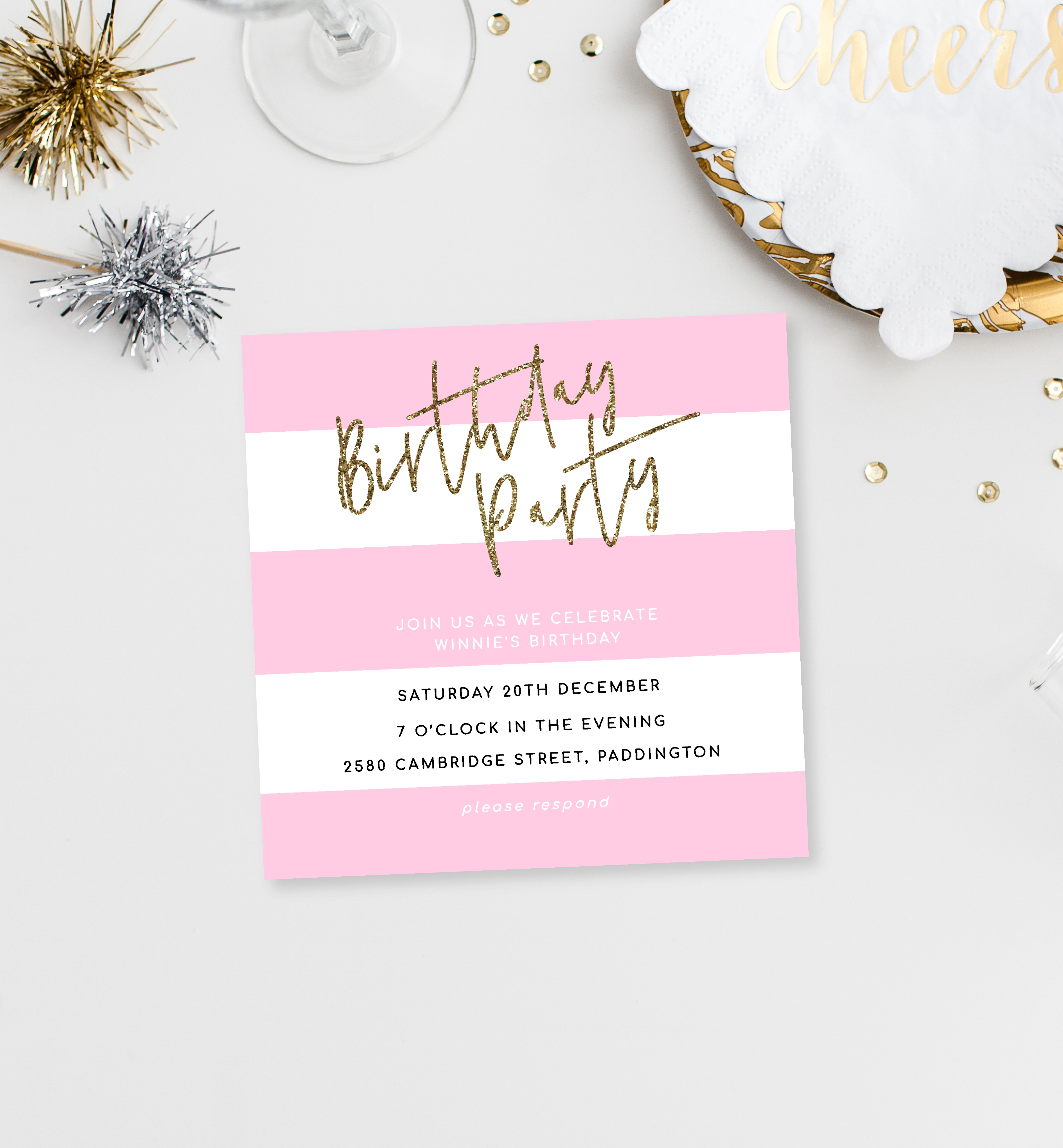 STR-PNK-1-B404 - STRIPE SQUARE - PINK WHITE - BIRTHDAY PARTY INVITATION design preview