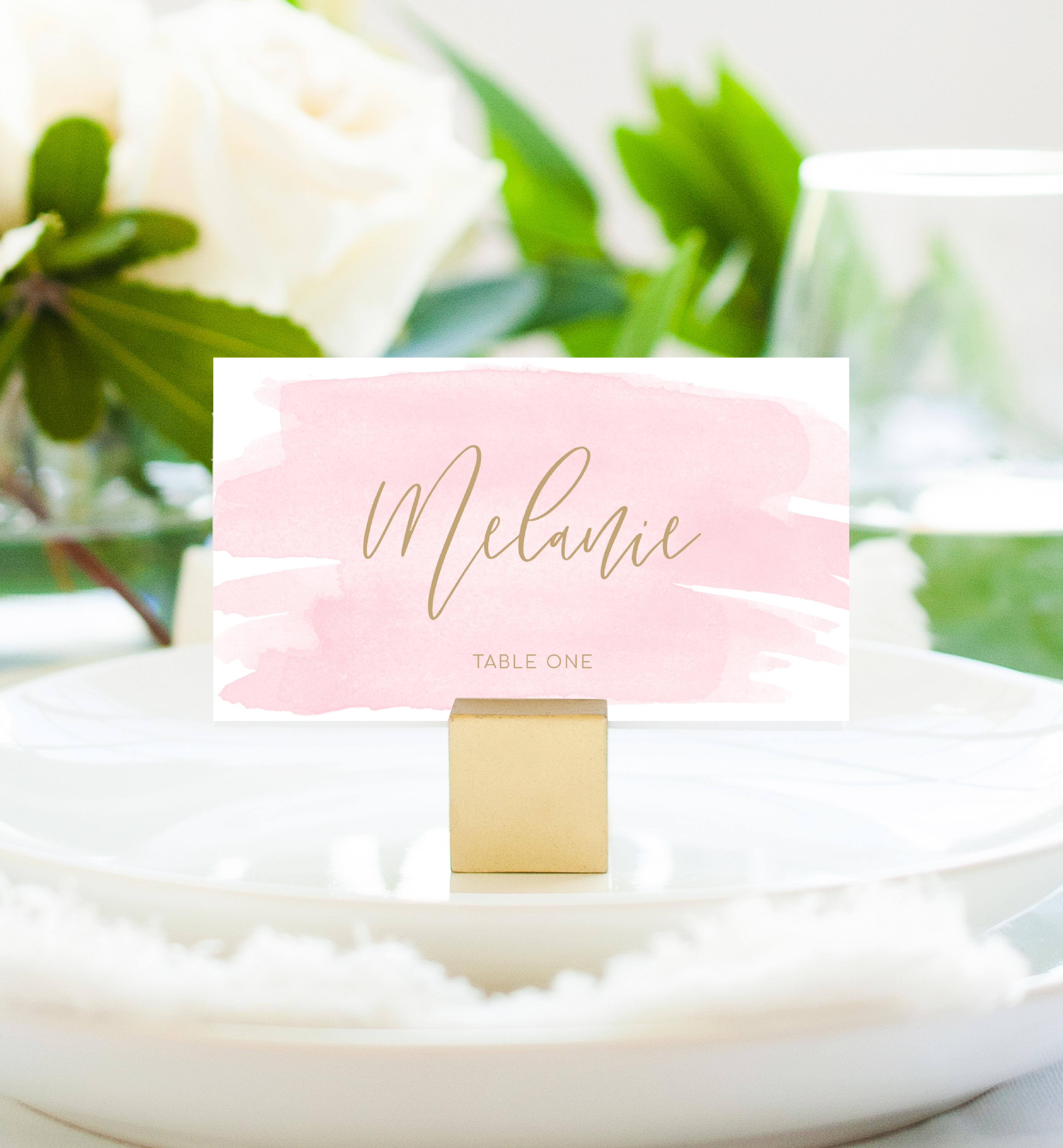 WAT-PNK-5-B1197 - WATERCOLOUR PINK - GOLD - PLACE CARD design preview