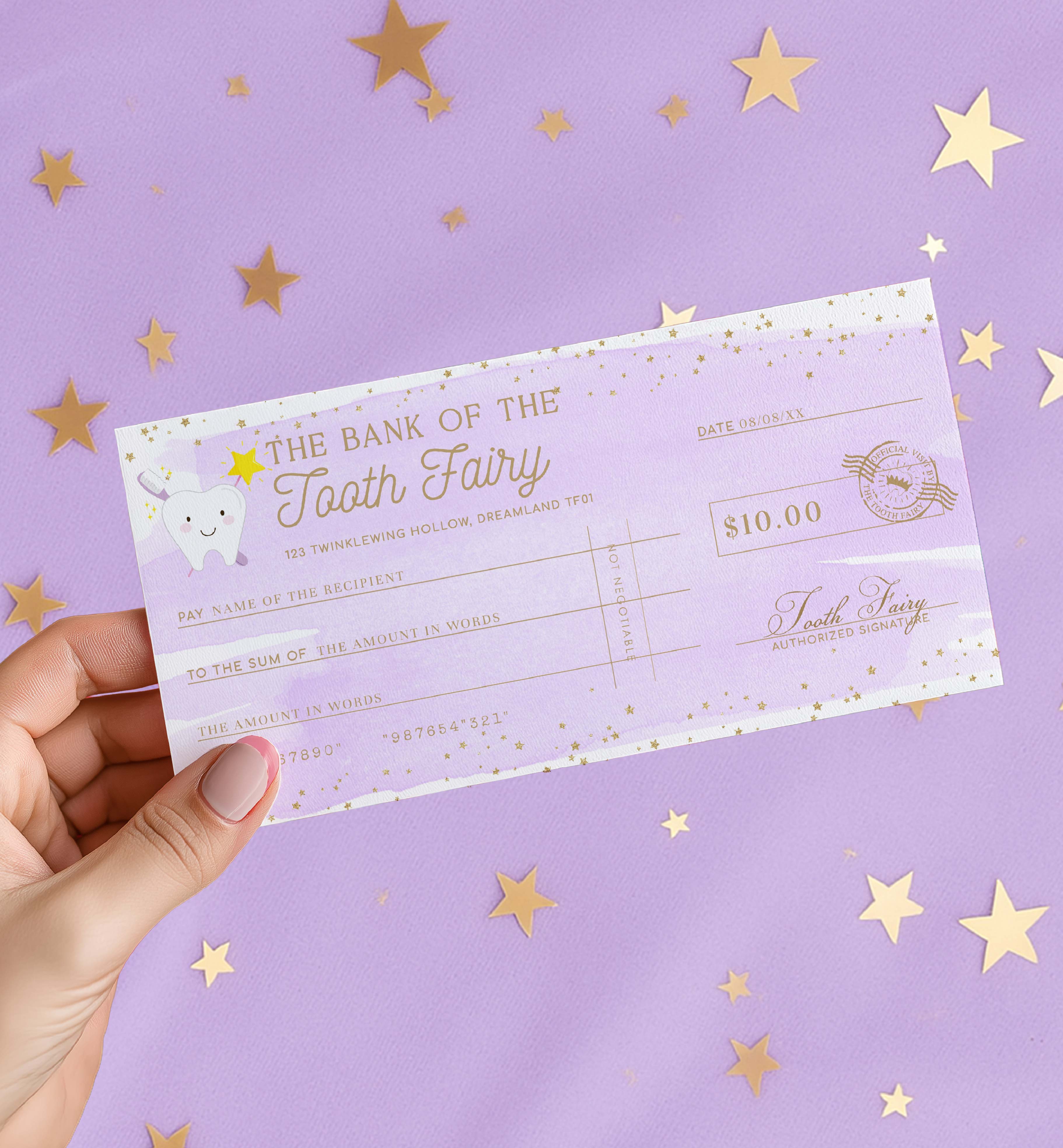 WAT-PRG-14-B3551 - WATERCOLOUR PURPLE GOLD - TOOTH FAIRY CHEQUE design preview