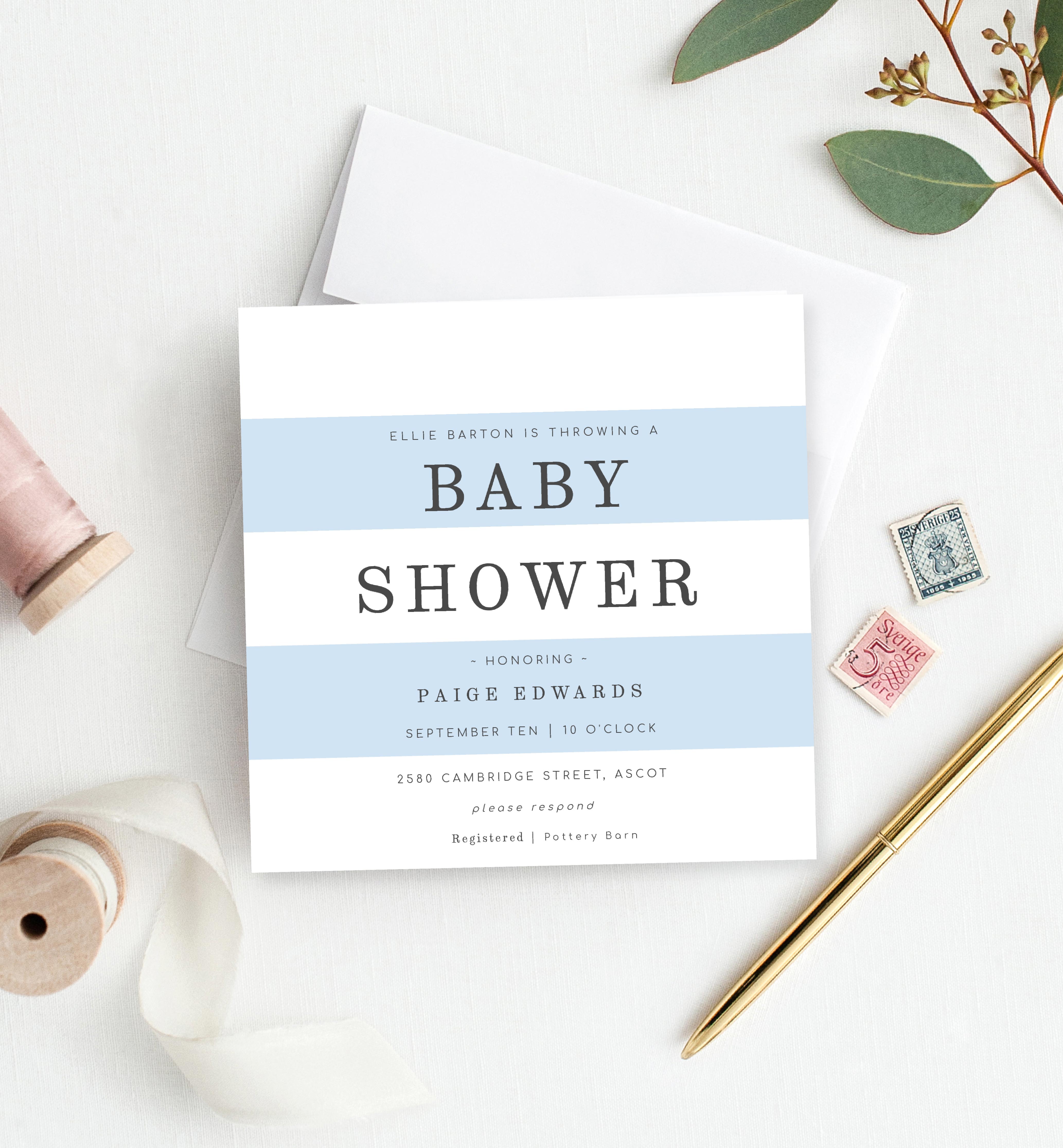 STR-BLU-1-B424 - STRIPED - BLUE - BABY SHOWER INVITATION design preview