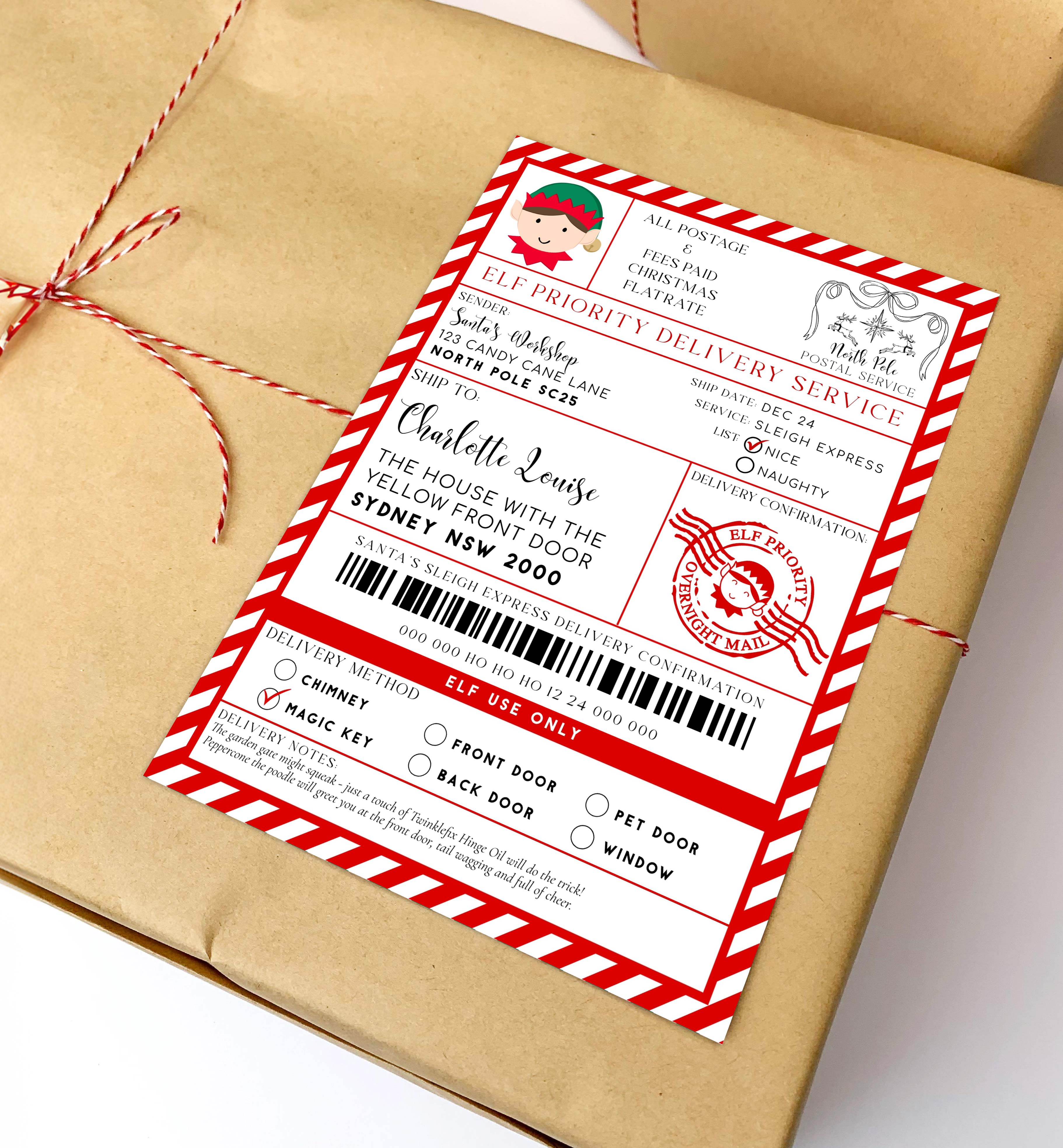SAW-RED-6-B3736 - SANTAS WORKSHOP - RED - ELF SHIPPING LABEL design preview