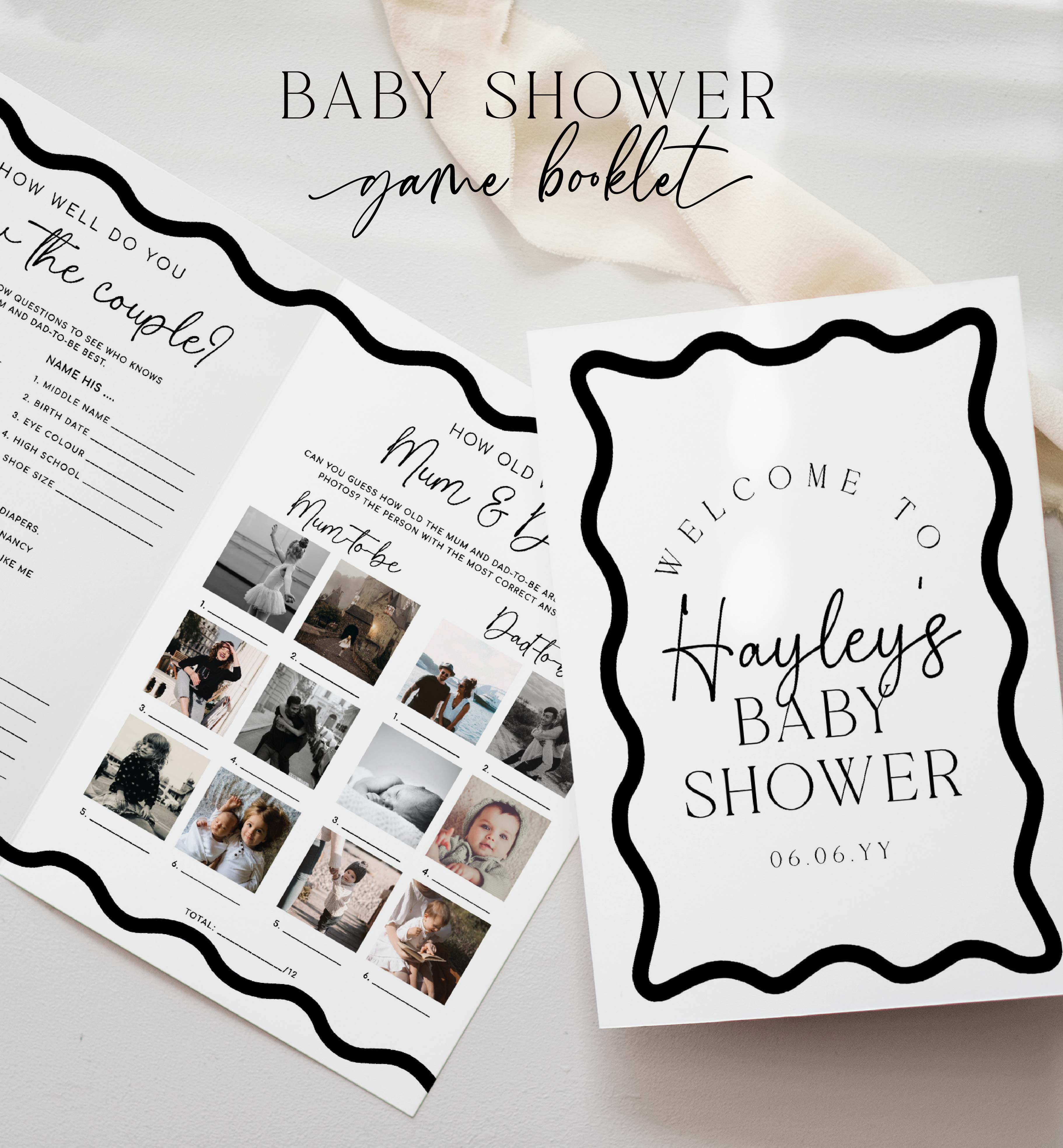 WAV-BKW-10-B3108 - WAVE - BLACK WHITE - BABY SHOWER GAMES BOOKLET design preview