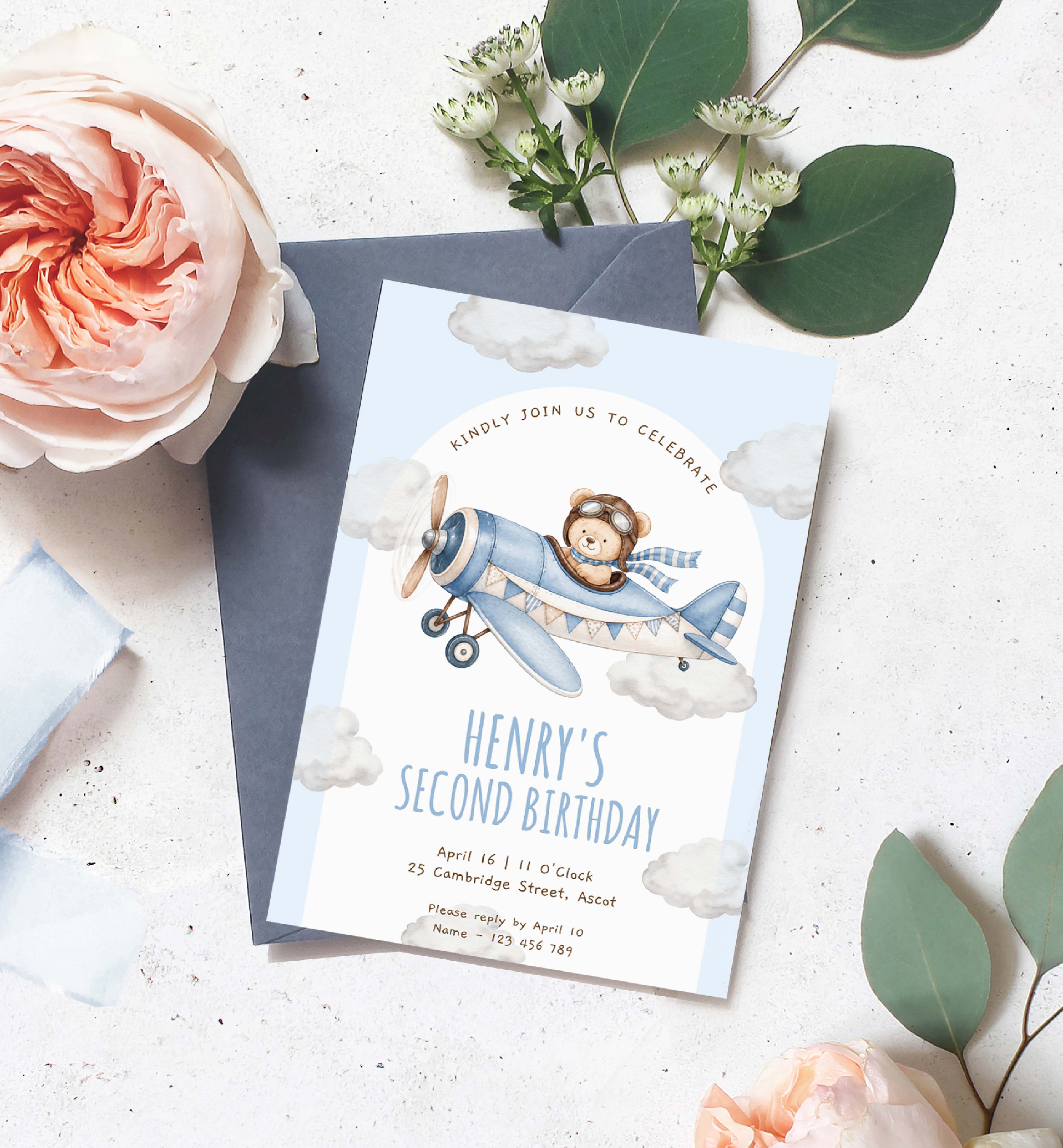 BRP-BLU-1-B3853 - BEAR PLANE - BLUE - BIRTHDAY INVITATION design preview