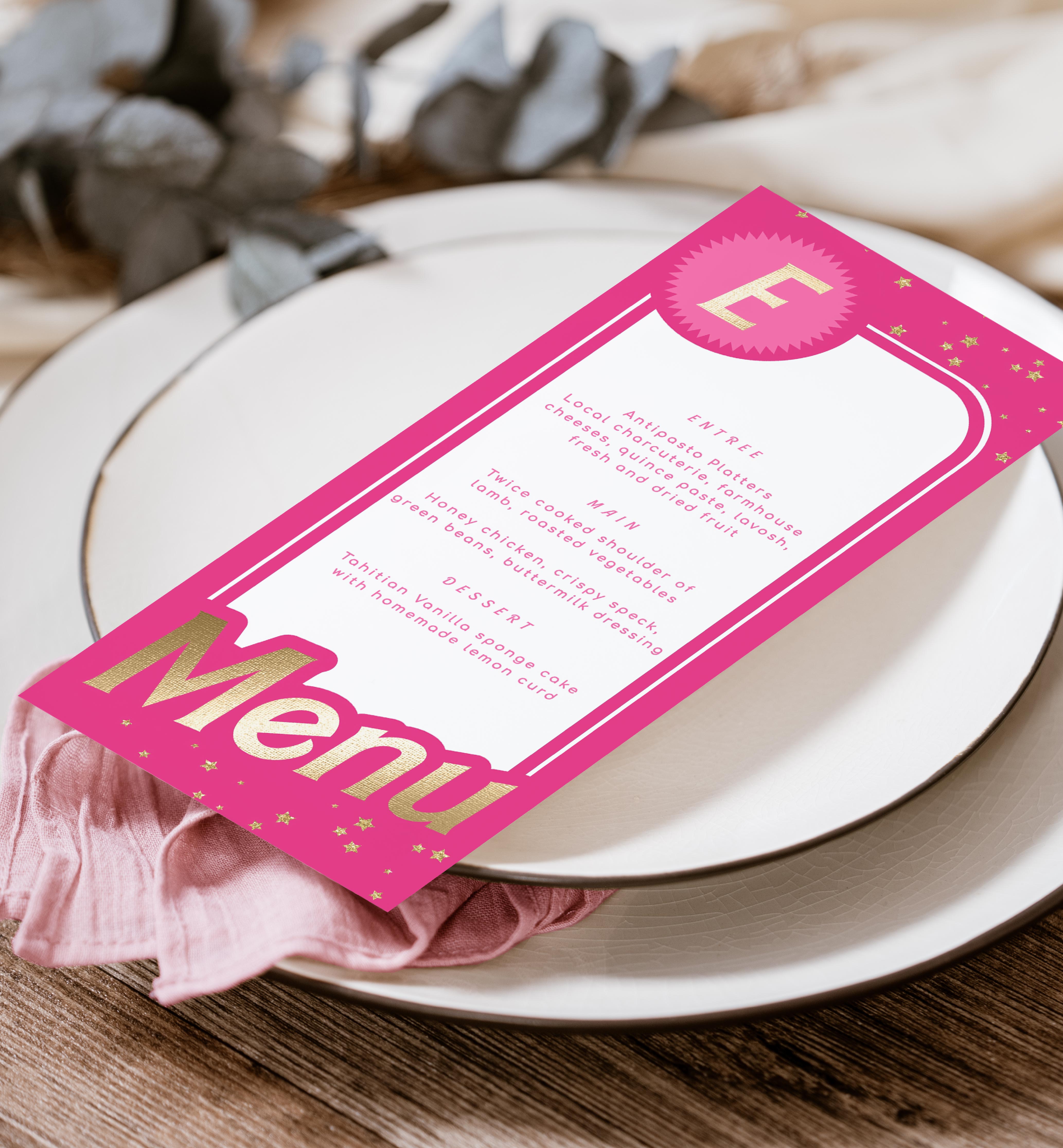 BAR-HPK-12-B1638 - BARBIE PARTY - HOT PINK GOLD - MENU design preview