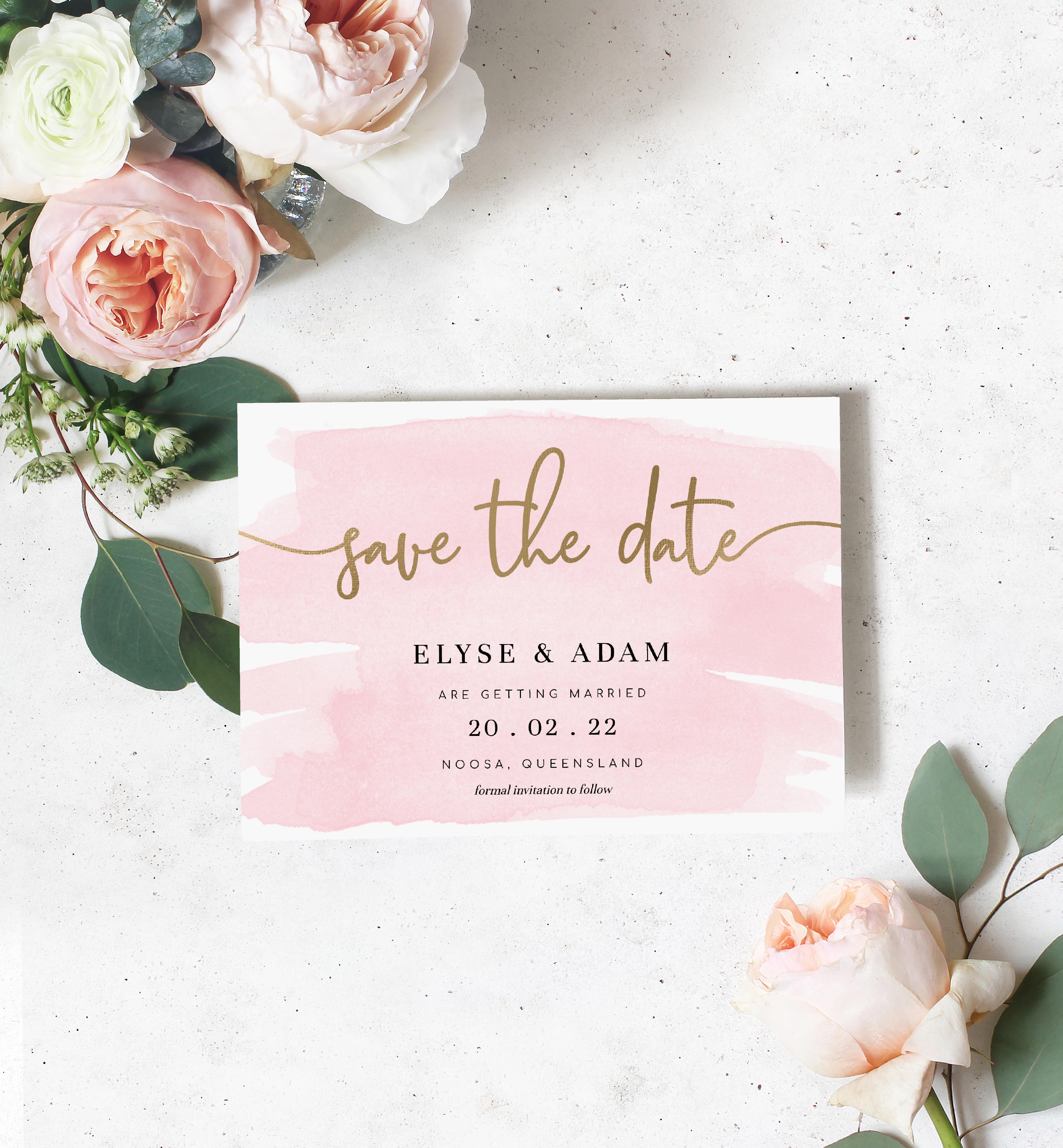 WAT-PNK-1-B104 - WATERCOLOUR PINK - GOLD FOIL - SAVE THE DATE design preview