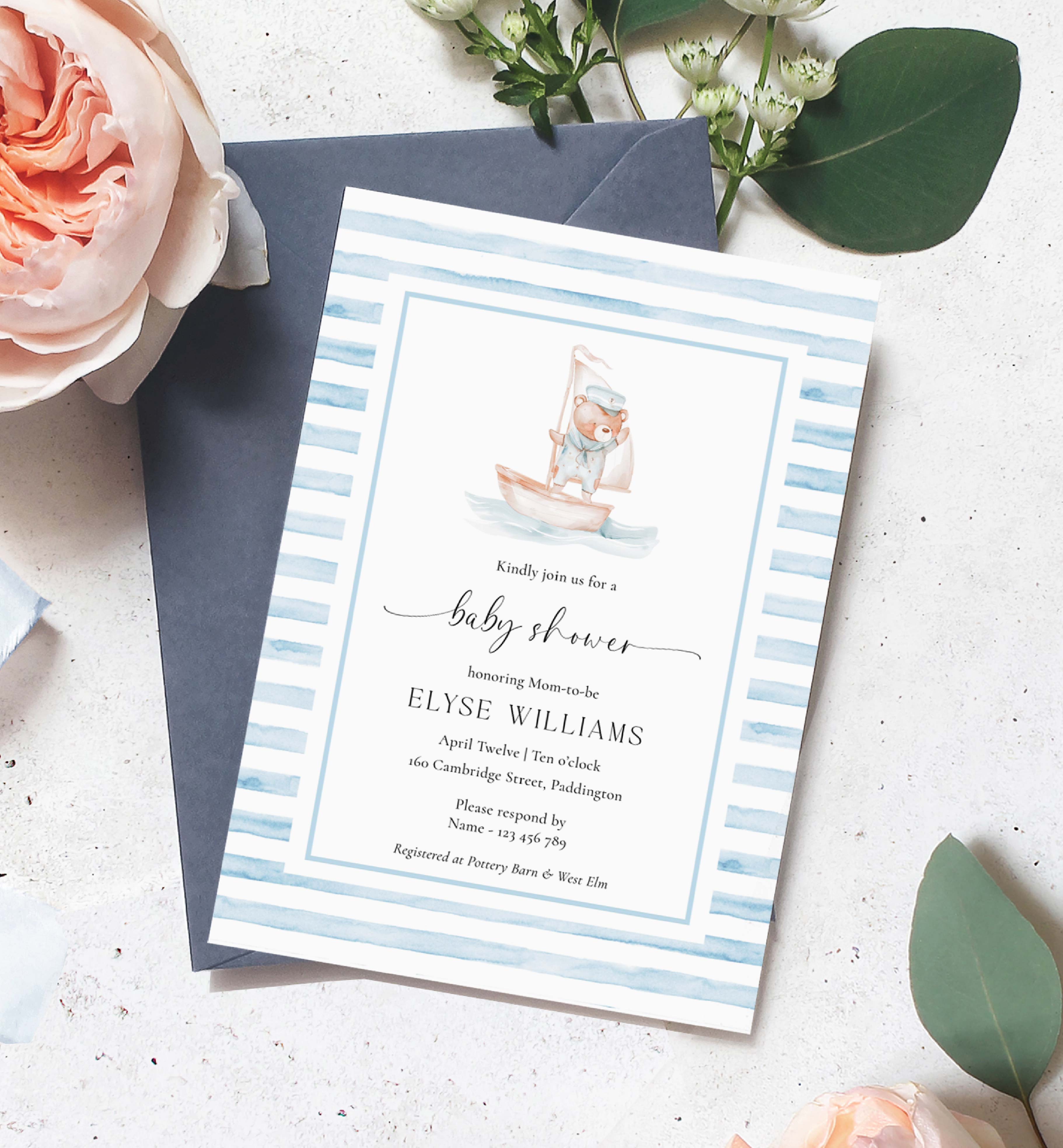 SBR-BLW-1-B3381 - SAILOR BEAR - BLUE WHITE - BABY SHOWER INVITATION design preview