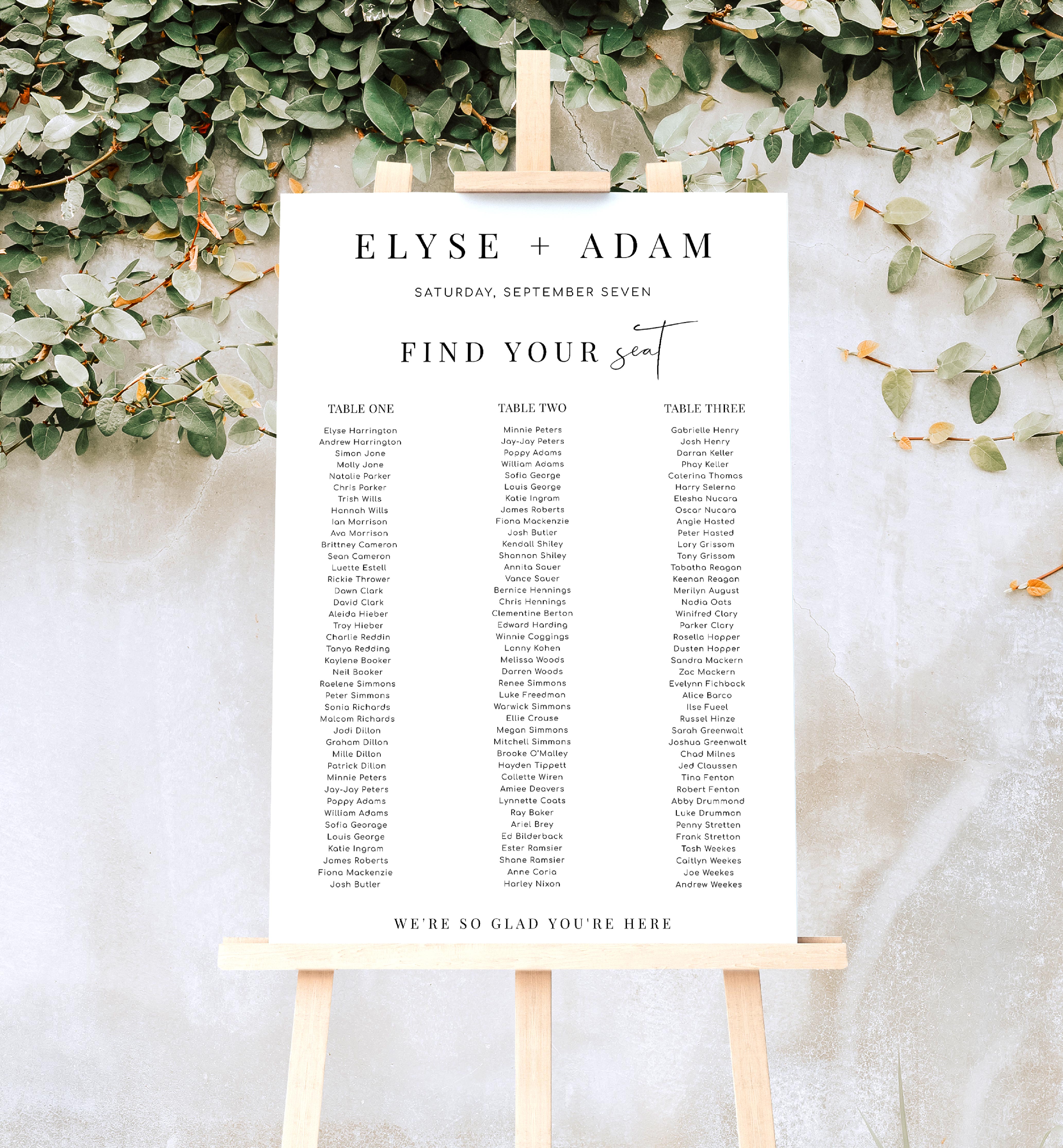 EST-WHT-4-B2357 - ESTELLE - WHITE - SEATING CHART - 3 BANQUET TABLES design preview