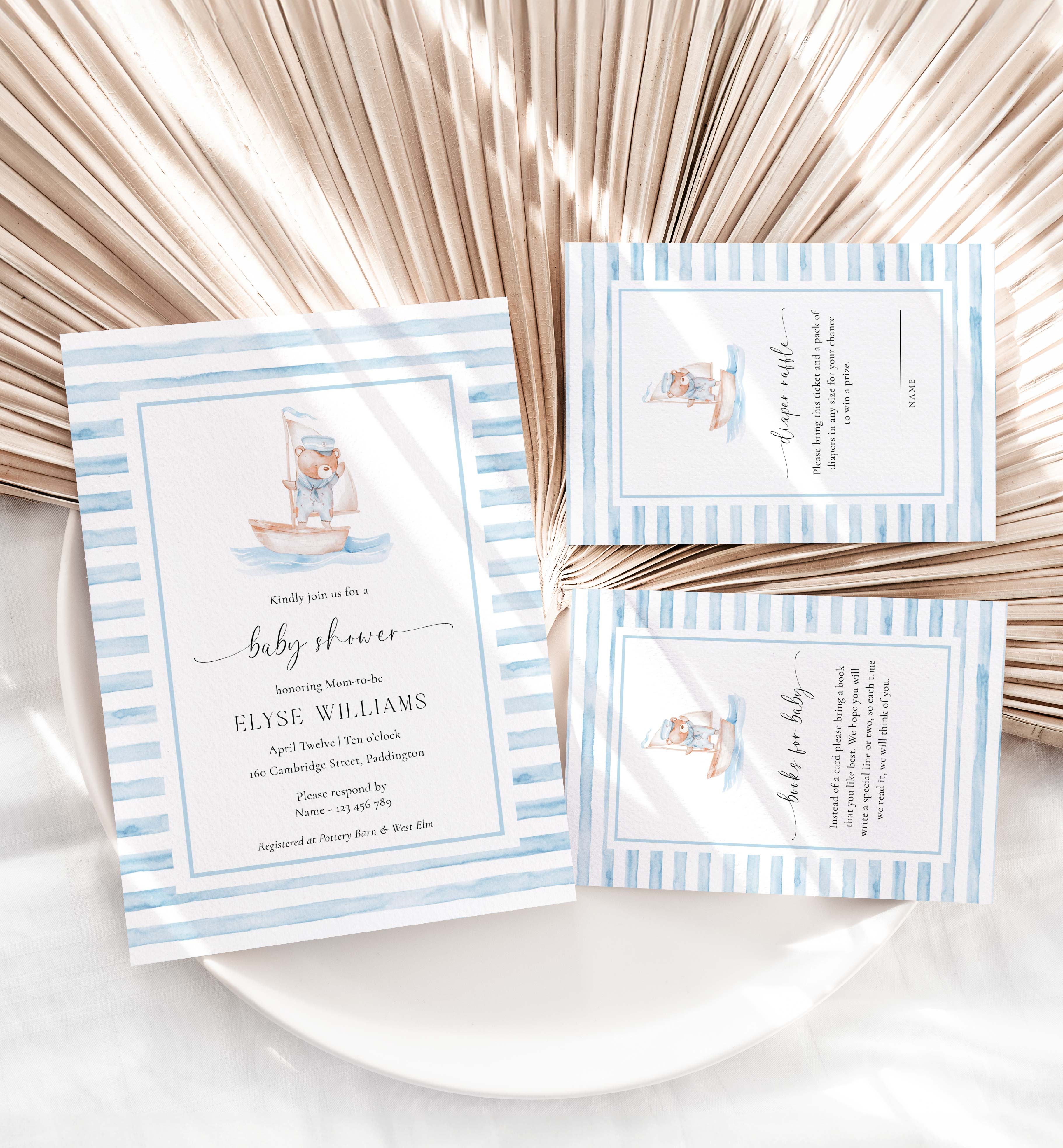 SBR-BLW-1-B3398 - SAILOR BEAR - BLUE WHITE - BABY SHOWER INVITATION SUITE design preview