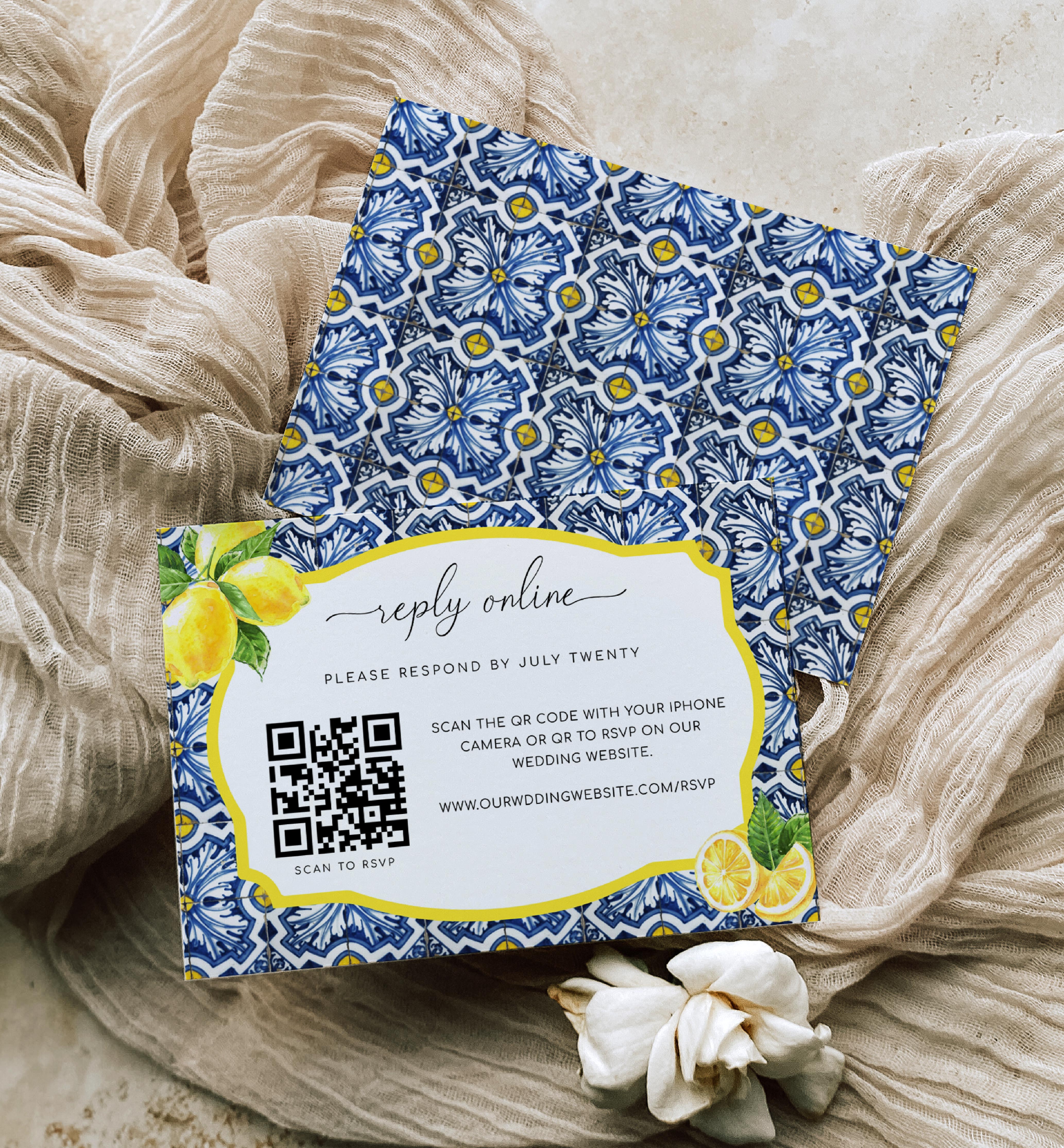 POS-BLY-2-B2586 - POSITANO BLUE TILE - LEMON - RSVP QR CODE CARD design preview