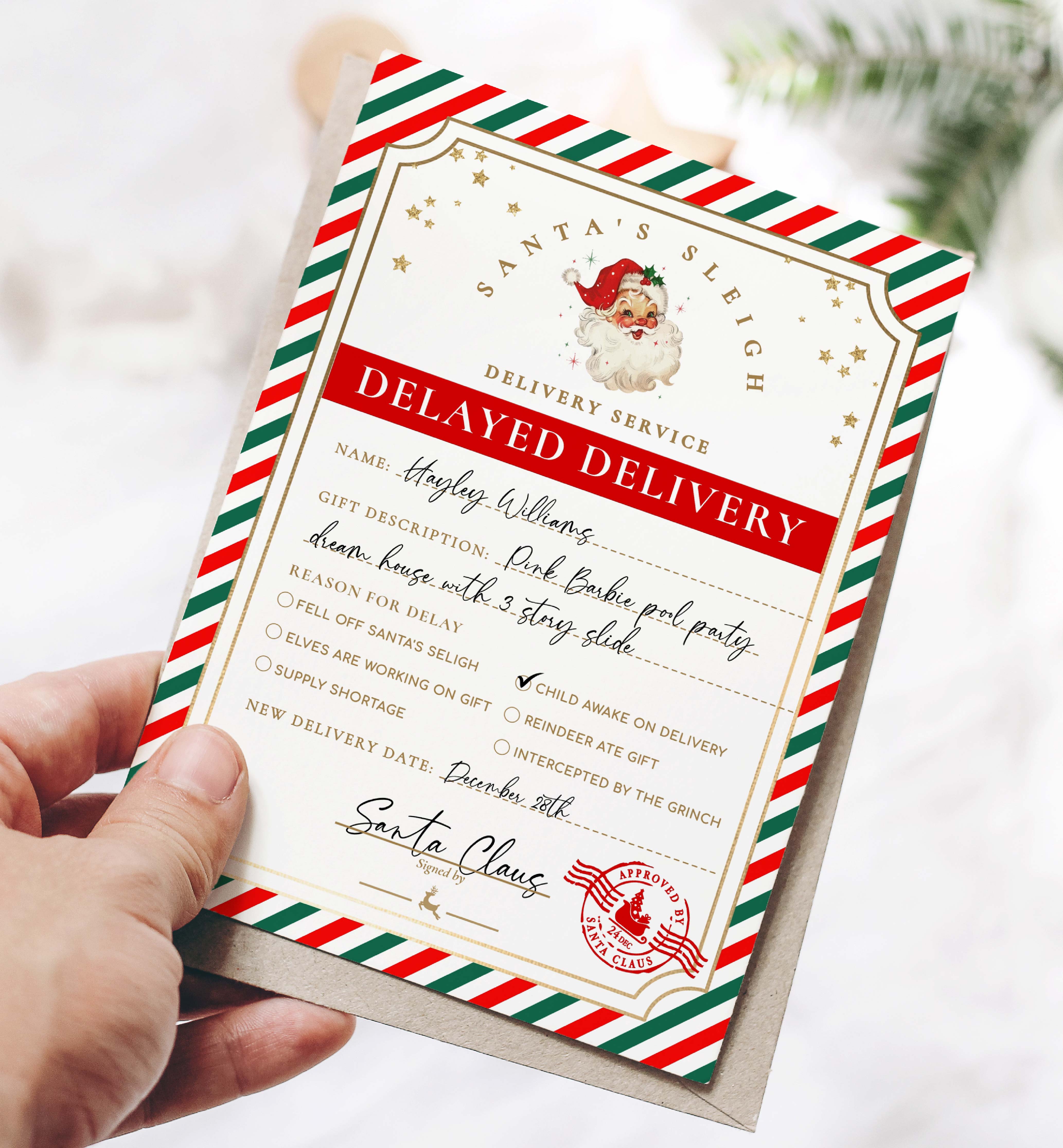 SAW-RDG-6-B2938 - SANTAS WORKSHOP - RED GREEN - DELAYED DELIVERY TAG design preview