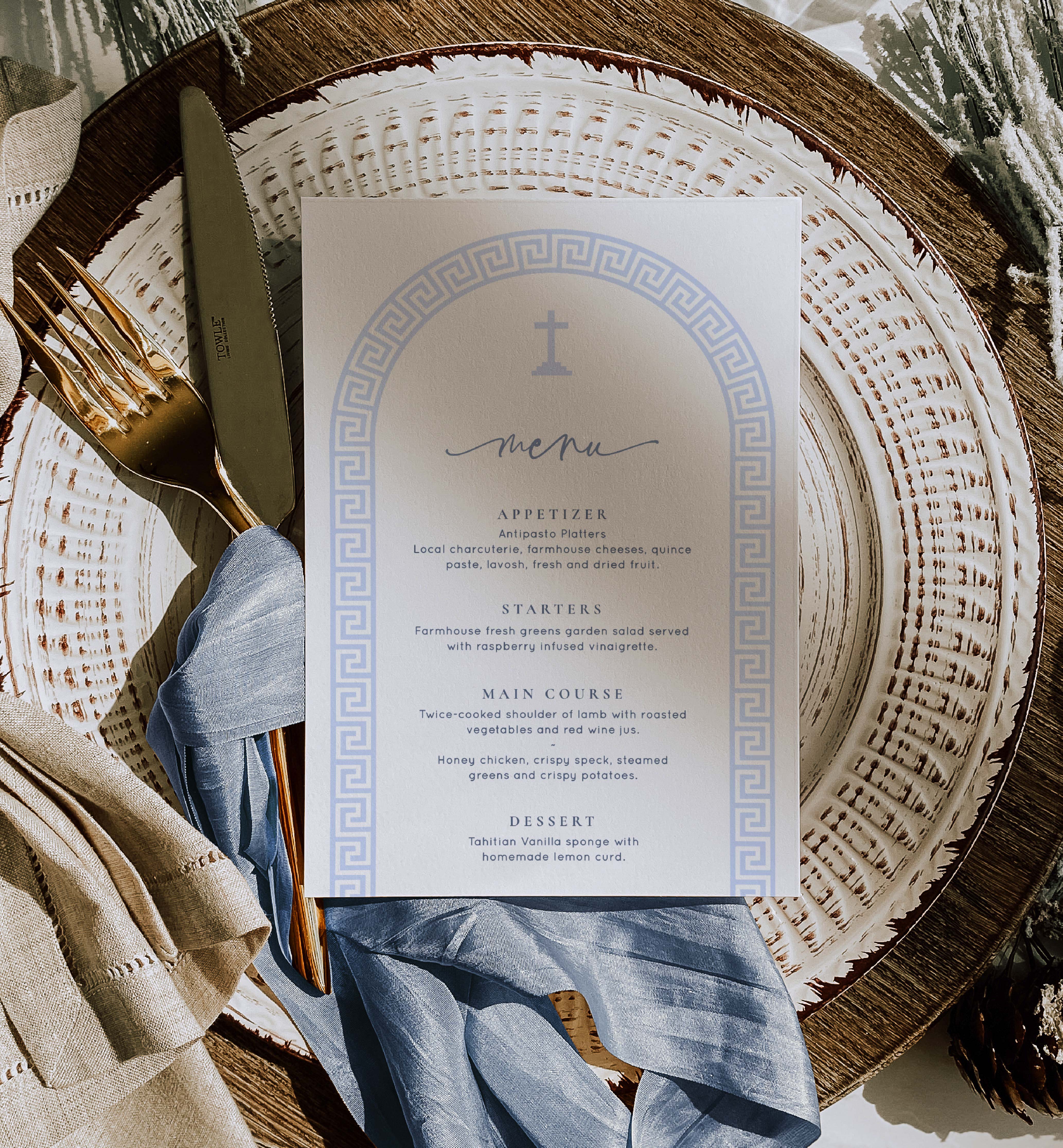 GRK-WBL-12-B2911 - GREEK KEY ARCH - WHITE BLUE - MENU design preview