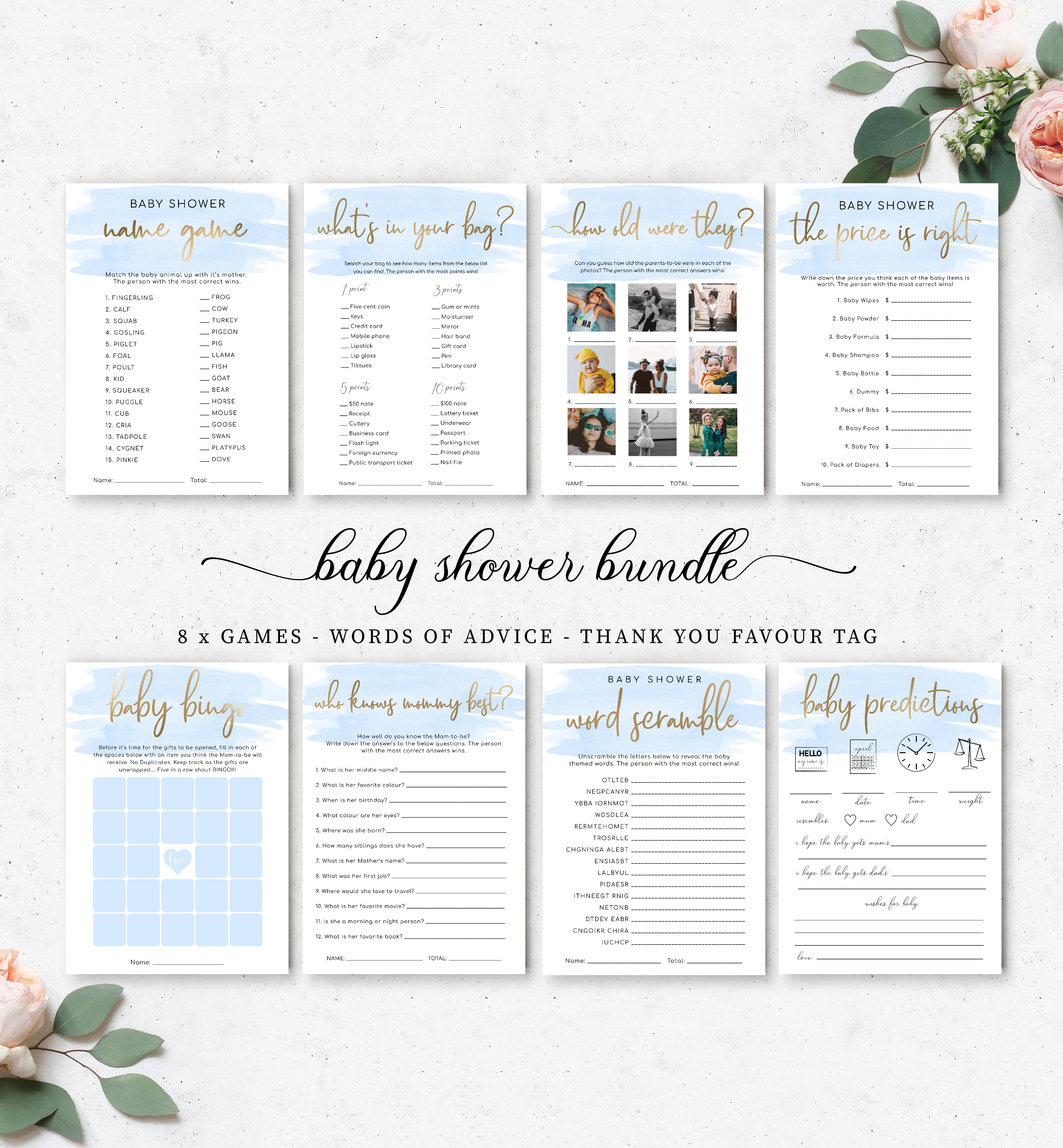 WAT-BLU-10-B598 - WATERCOLOUR BLUE - GOLD - BABY SHOWER GAMES BUNDLE design preview