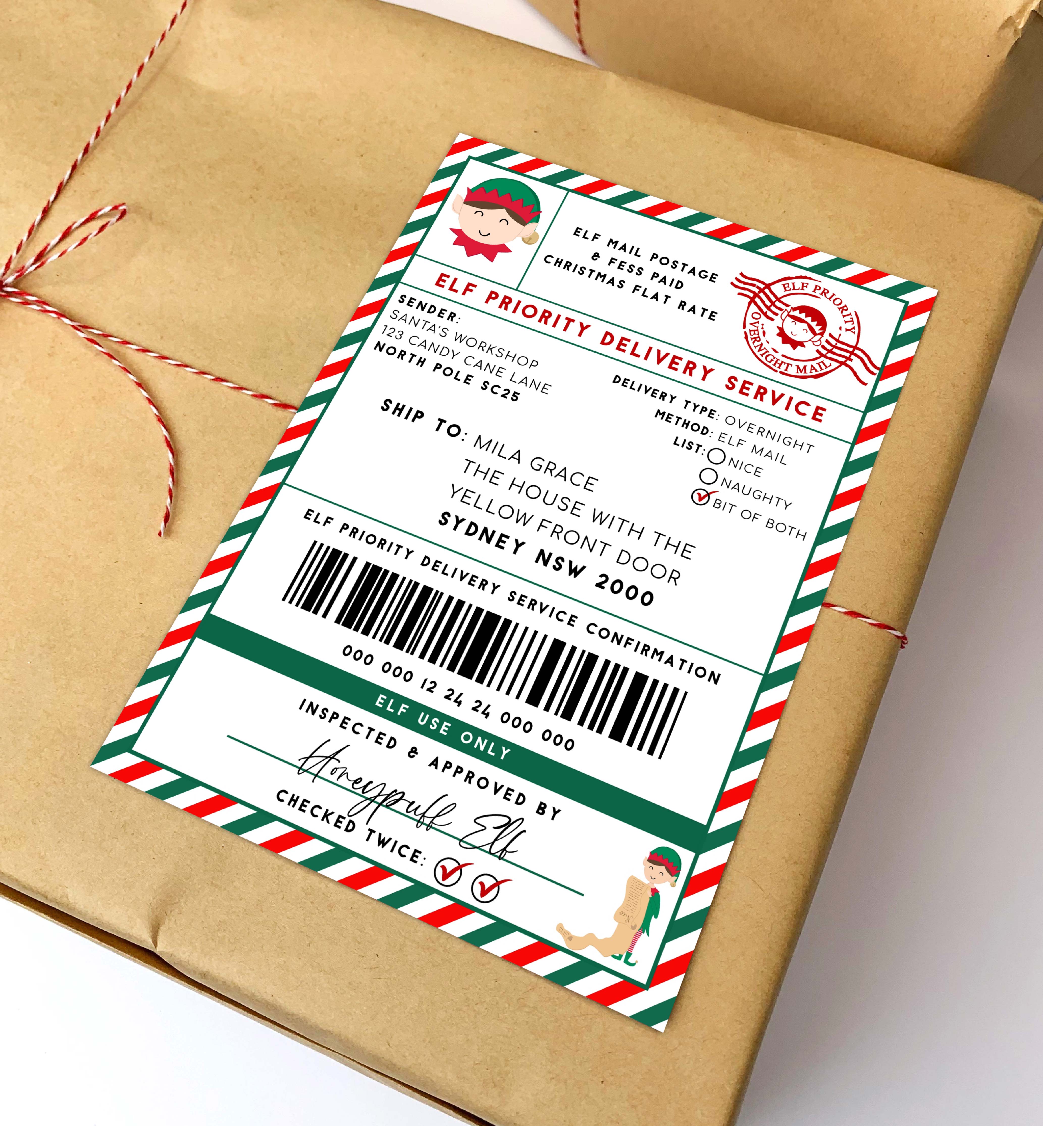 SAW-RDG-6-B2939 - SANTAS WORKSHOP - RED GREEN - ELF SHIPPING LABEL design preview