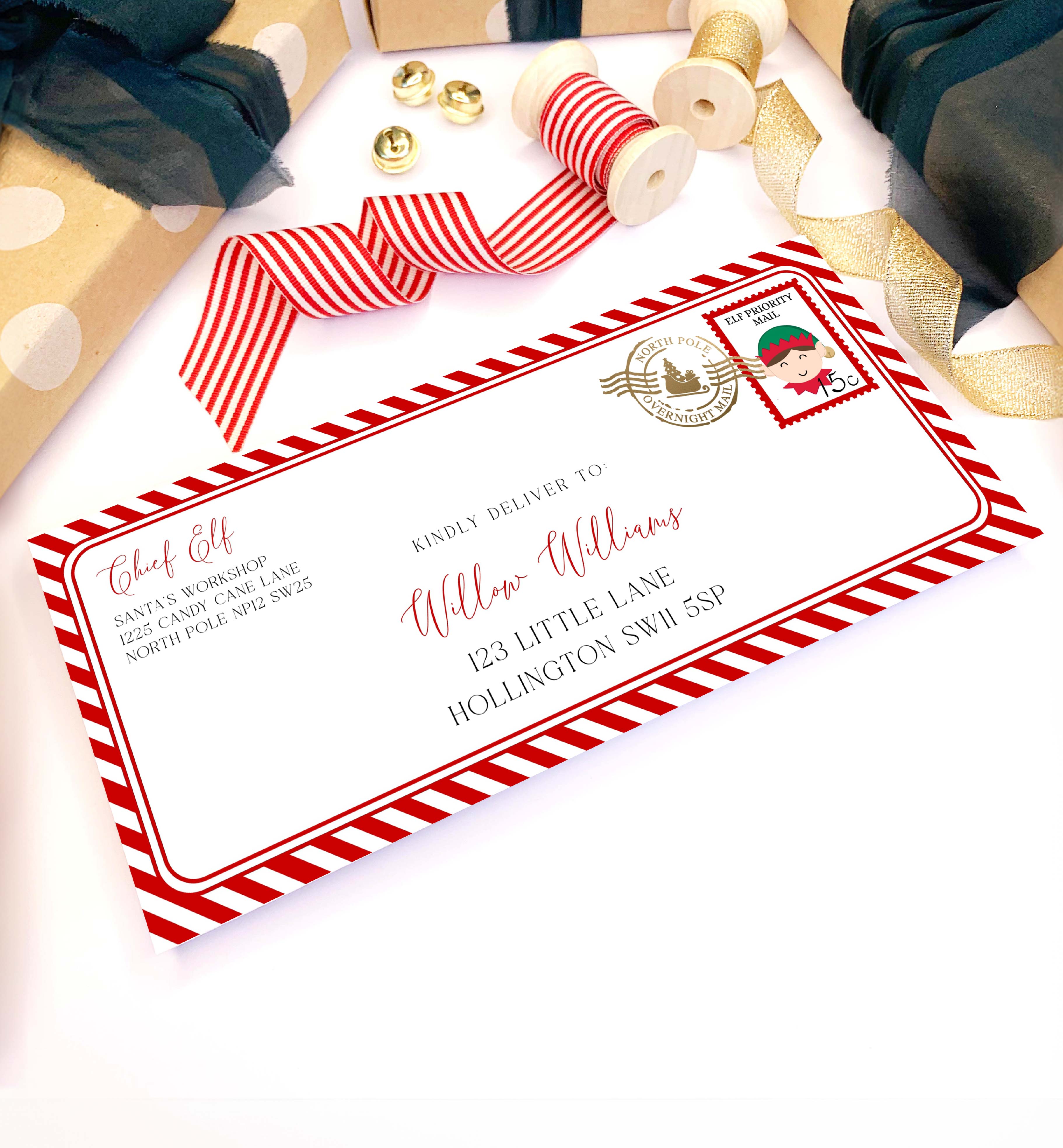STR-RED-17-B3376 - STRIPE - RED - ELF CHRISTMAS ENVELOPE design preview