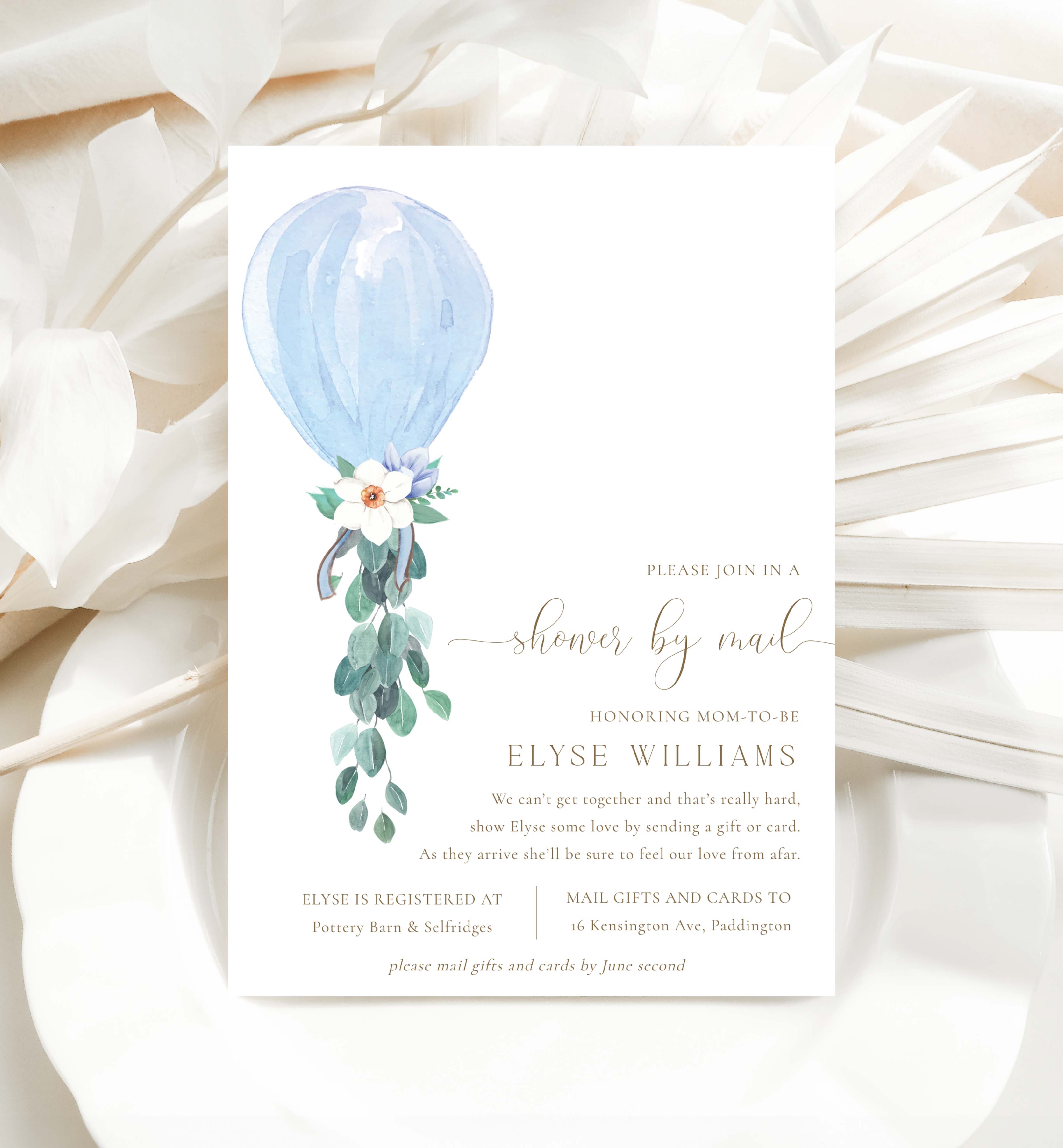 DAF-BLU-1-B670 - DARLINGTON FLORAL - BLUE - BABY SHOWER BY MAIL INVITATION design preview