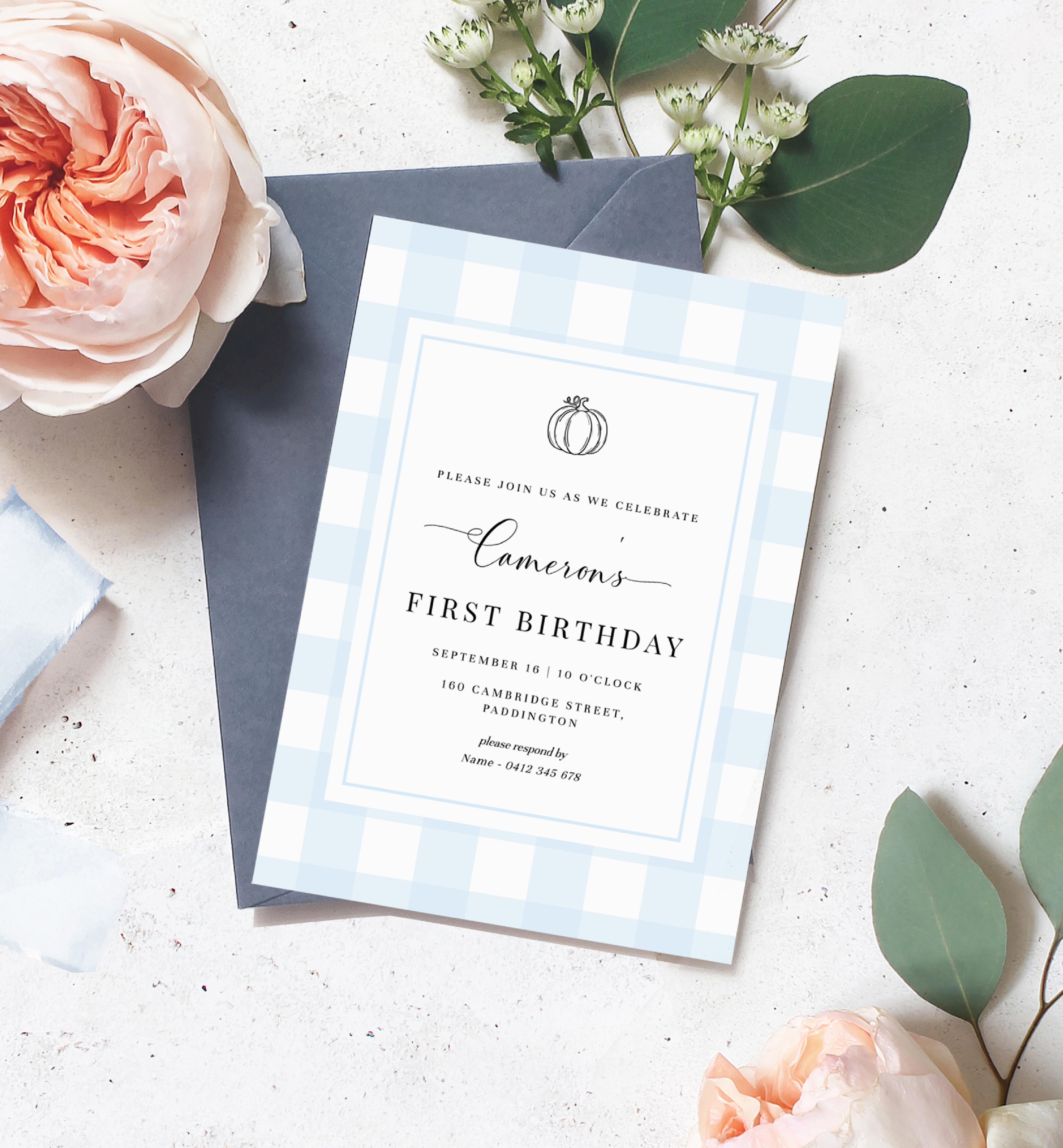 GIN-BLU-1-B2175 - GINGHAM - BLUE PUMPKIN - FIRST BIRTHDAY INVITATION design preview