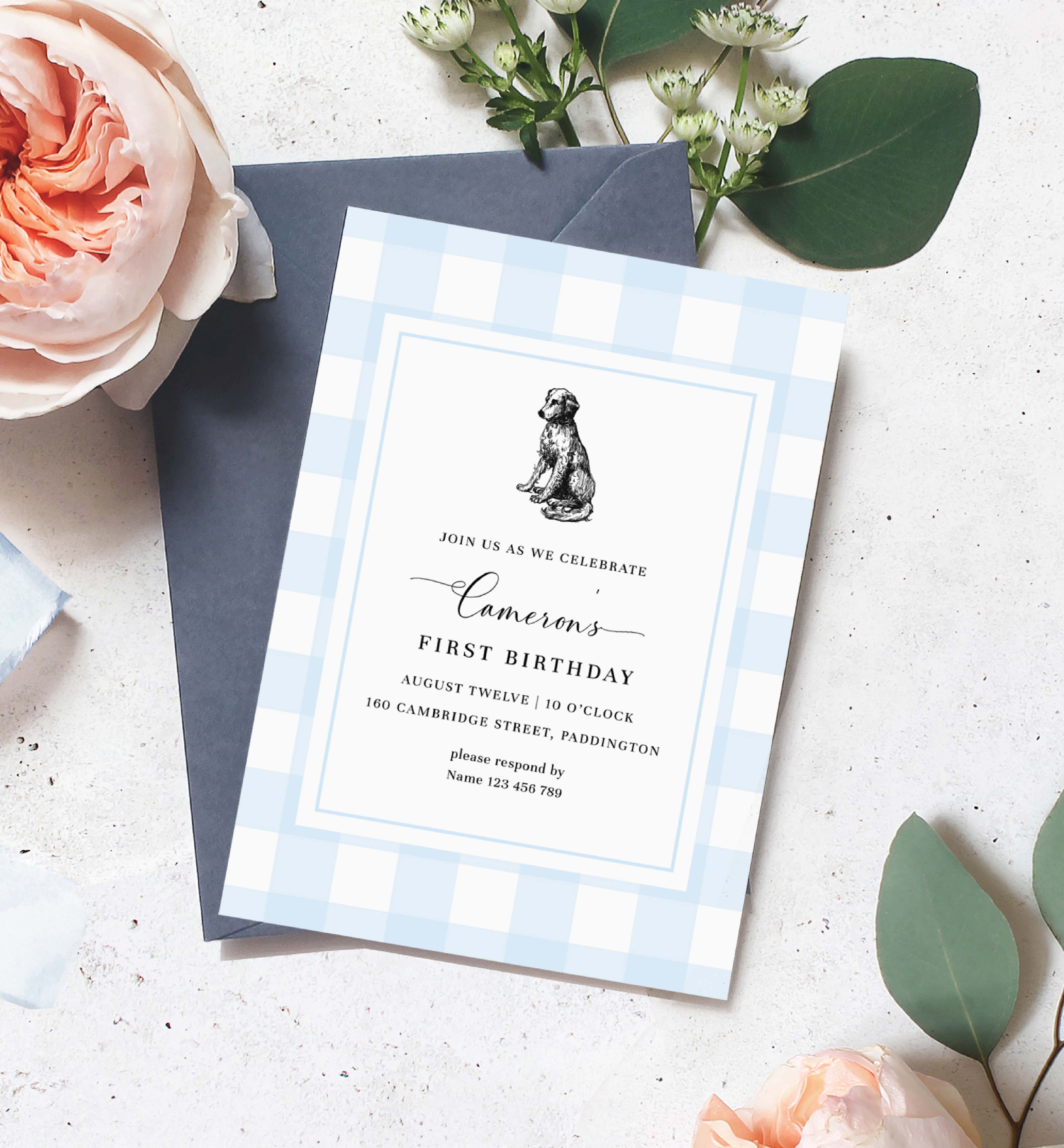 GIN-BLU-1-B2849 - GINGHAM - BLUE - DOG BIRTHDAY INVITATION design preview