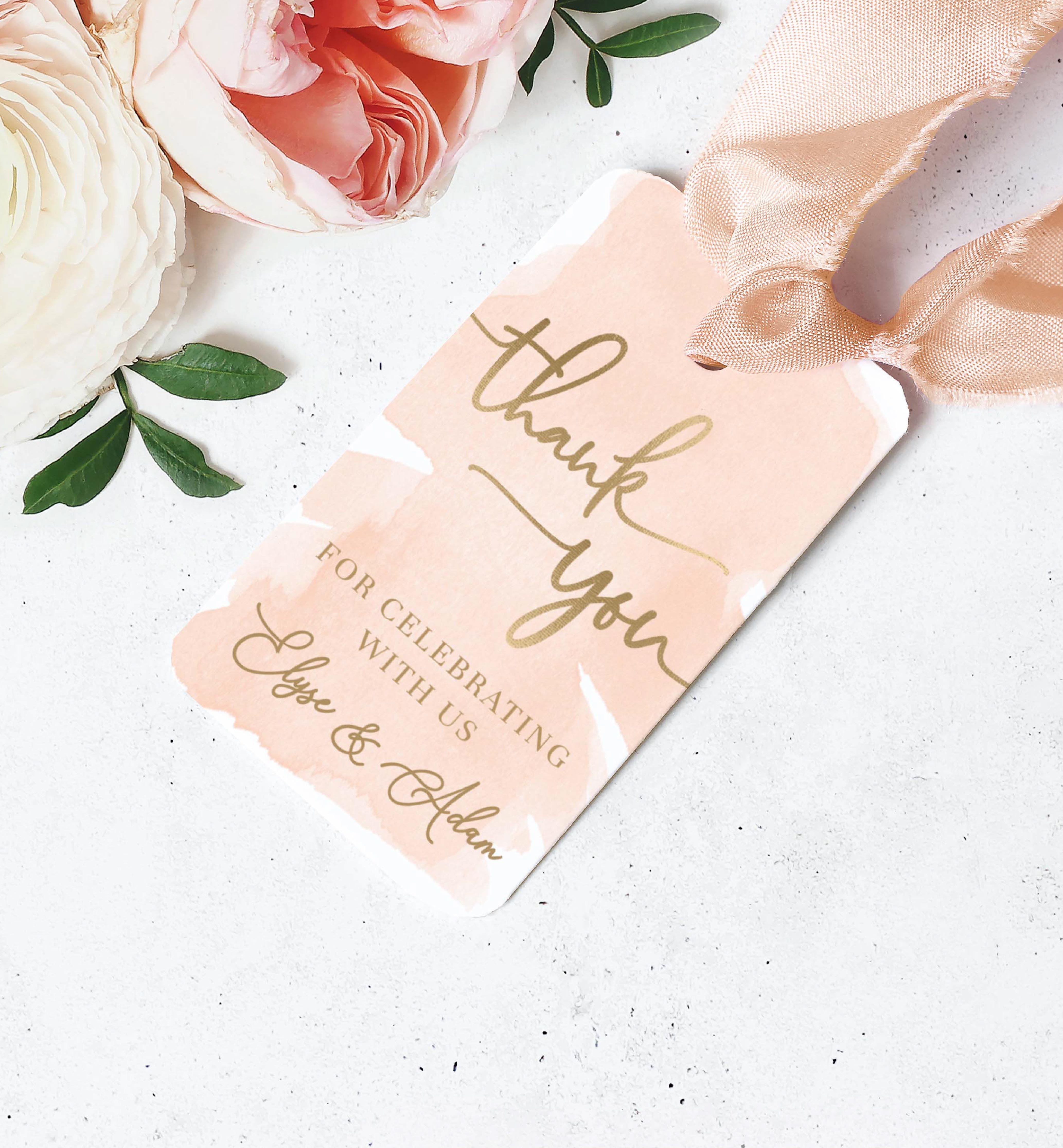 WAT-PEA-6-B329 - WATERCOLOUR PEACH - GOLD FOIL - THANK YOU FAVOUR TAGS design preview