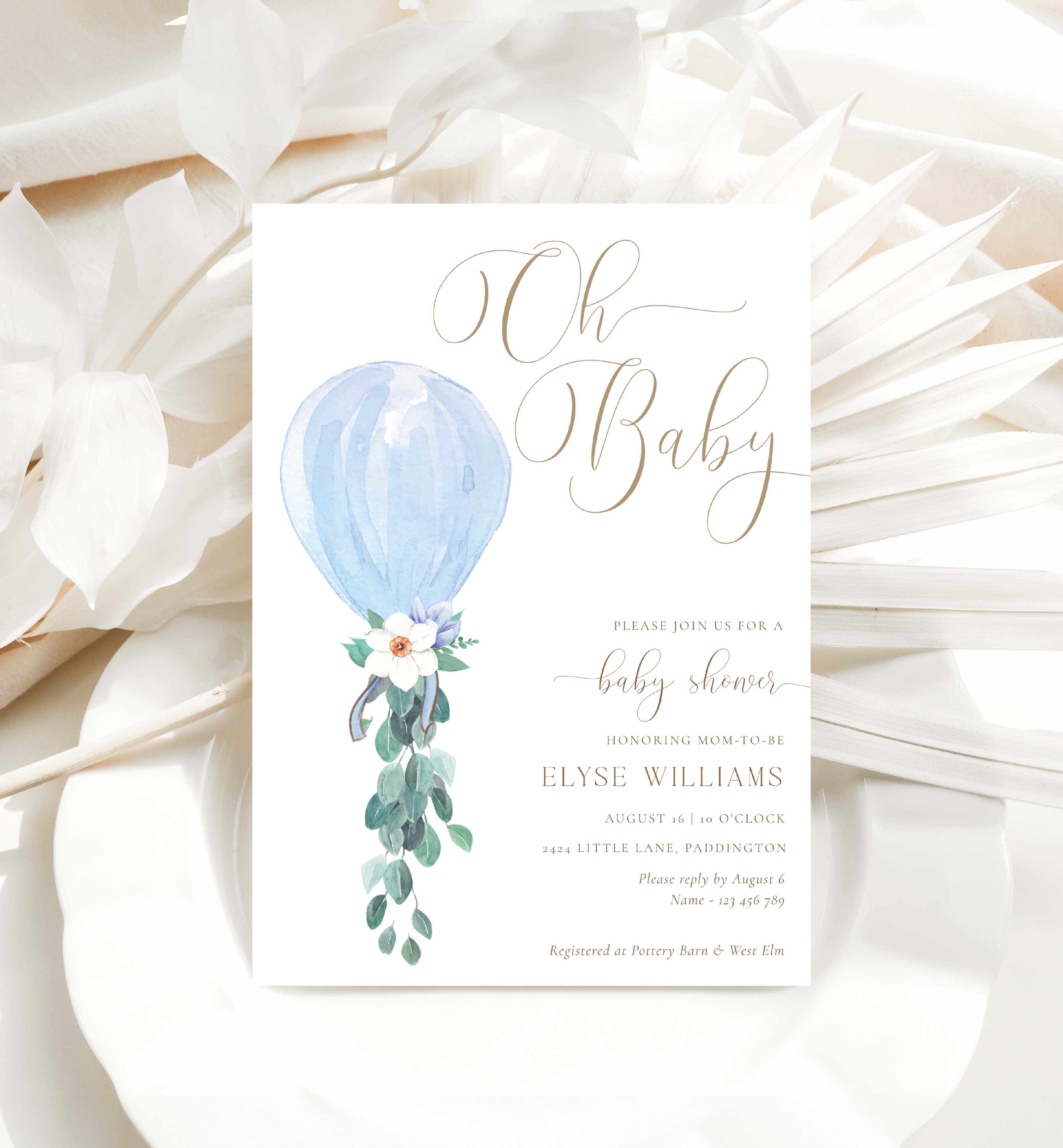 DAF-BLU-1-B3133 - DARLINGTON FLORAL - BLUE - OH BABY BABY SHOWER INVITATION design preview