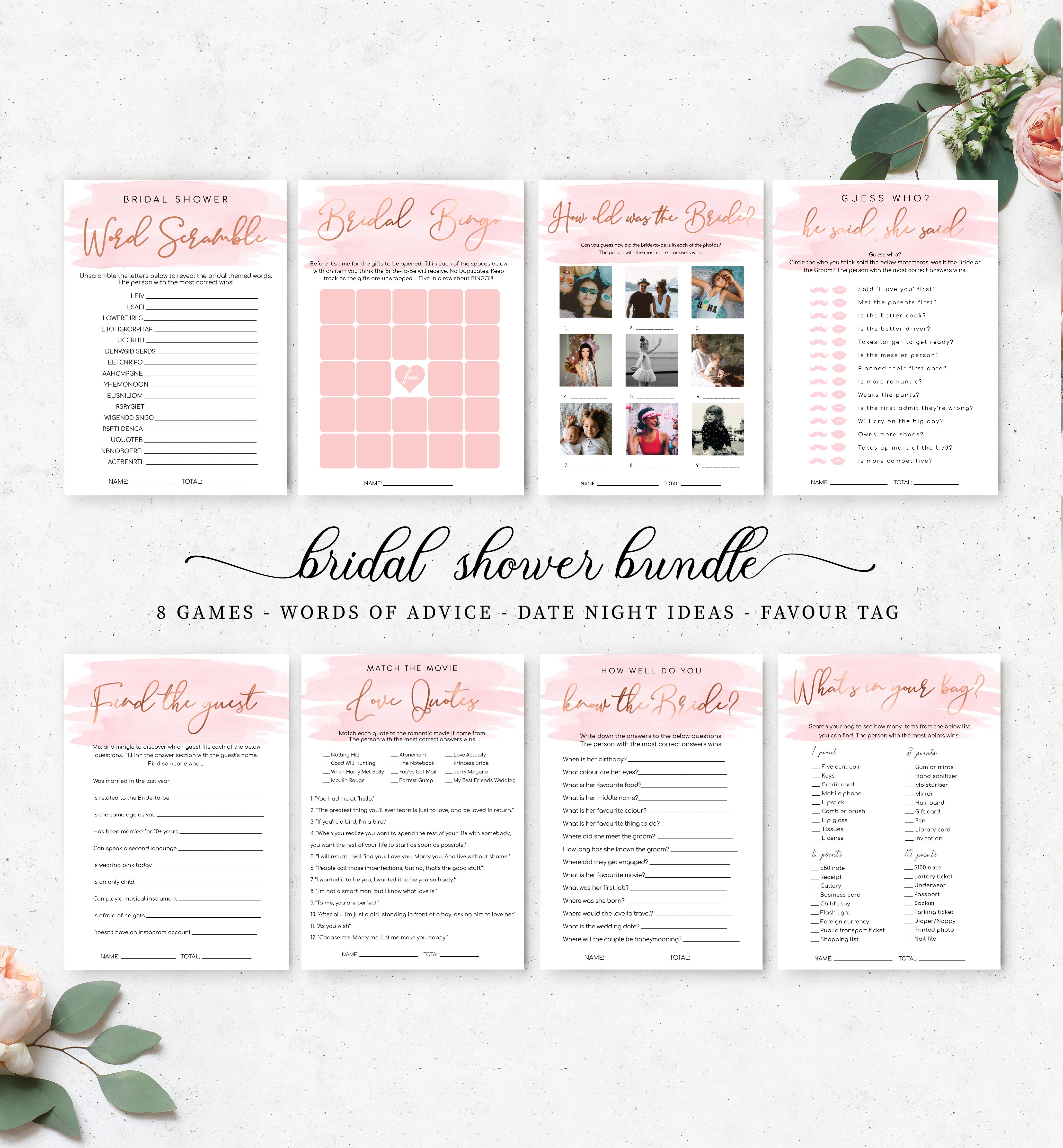 WAT-PNK-10-B572 - WATERCOLOUR PINK - ROSE GOLD FOIL - BRIDAL SHOWER GAMES BUNDLE design preview