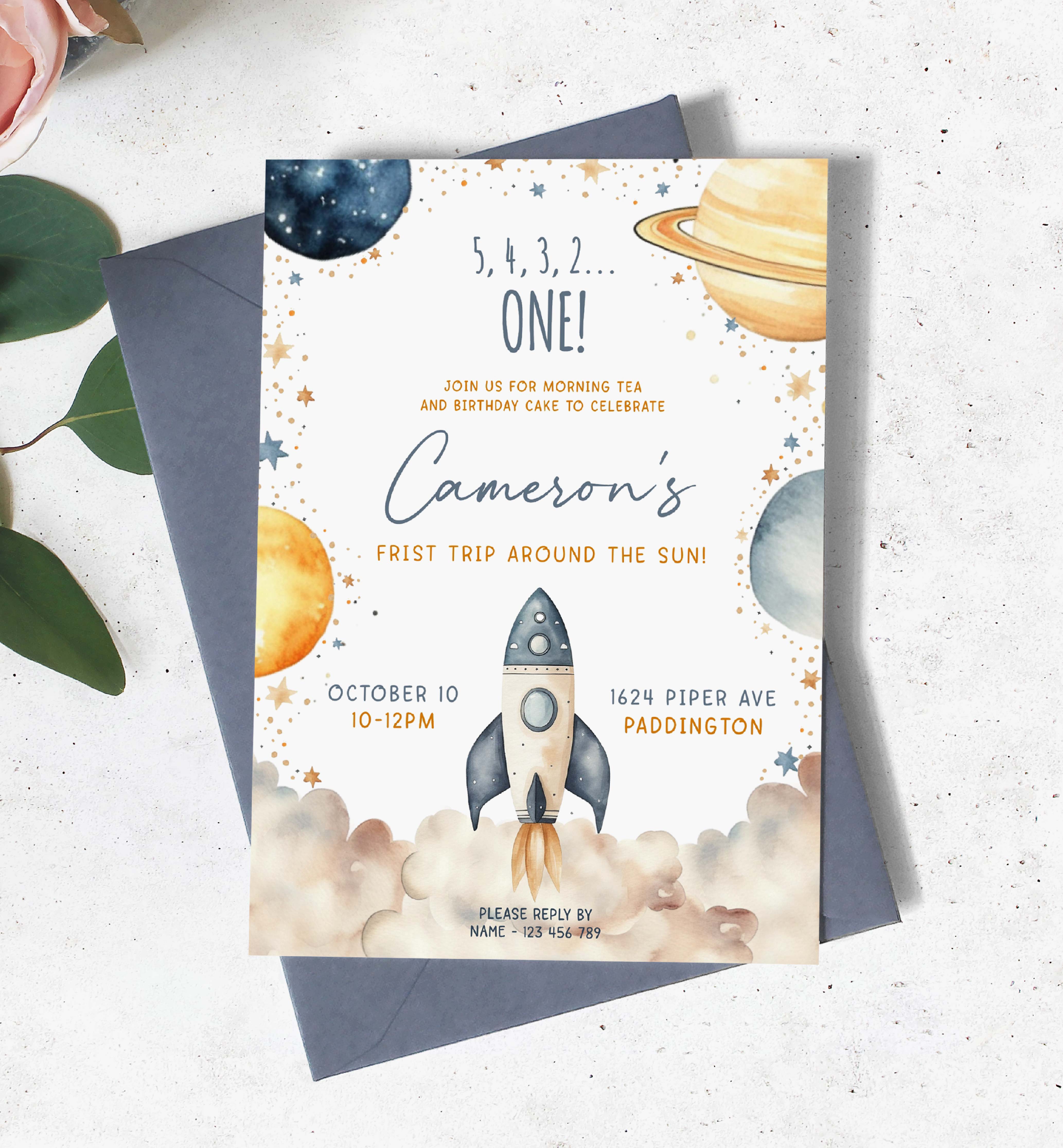 SPA-WHT-1-B2979 - SPACE - WHITE - FIRST BIRTHDAY INVITATION design preview