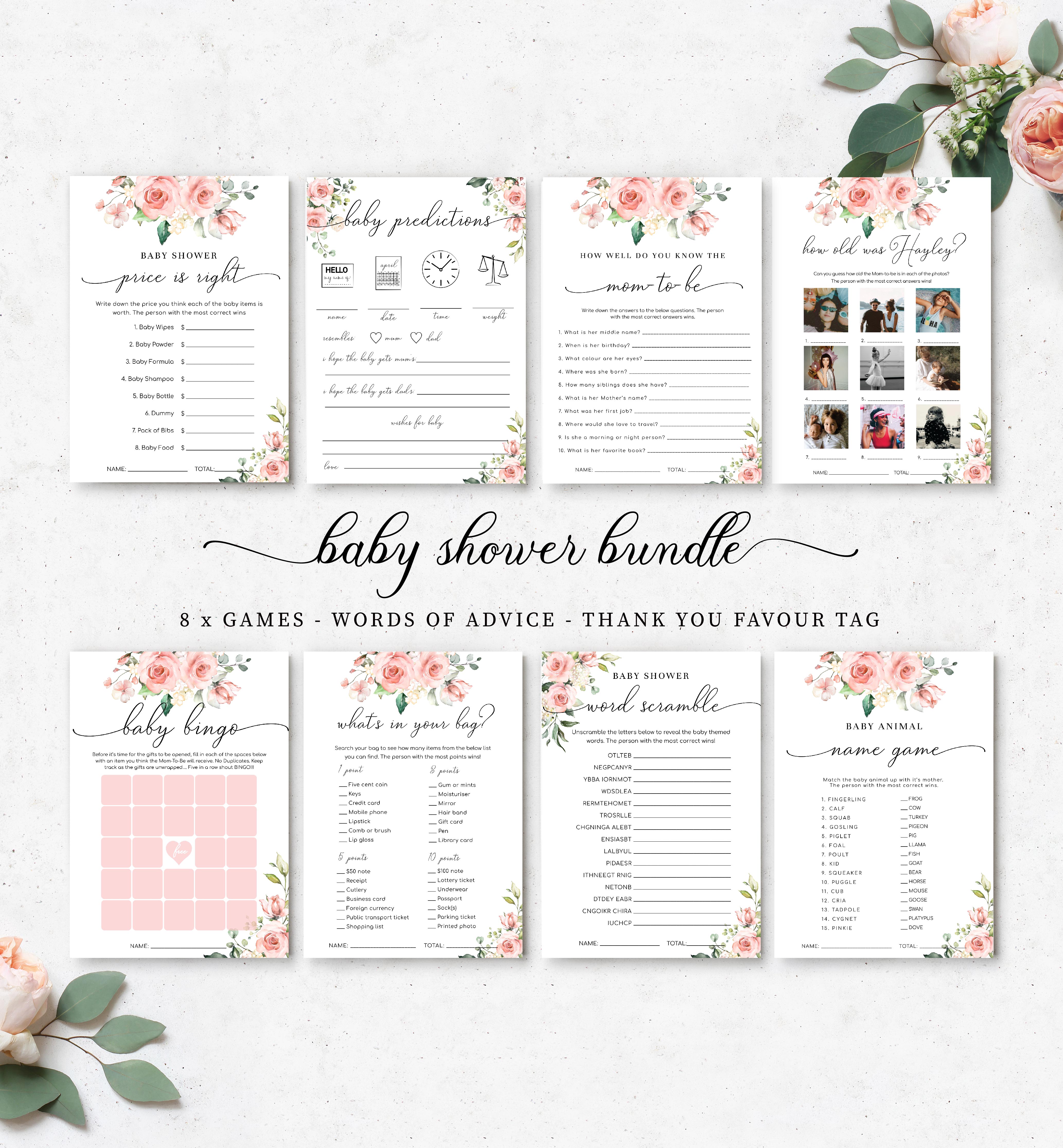 DAR-PNK-10-B992 - DARCY FLORAL - PINK - BABY SHOWER GAMES BUNDLE design preview