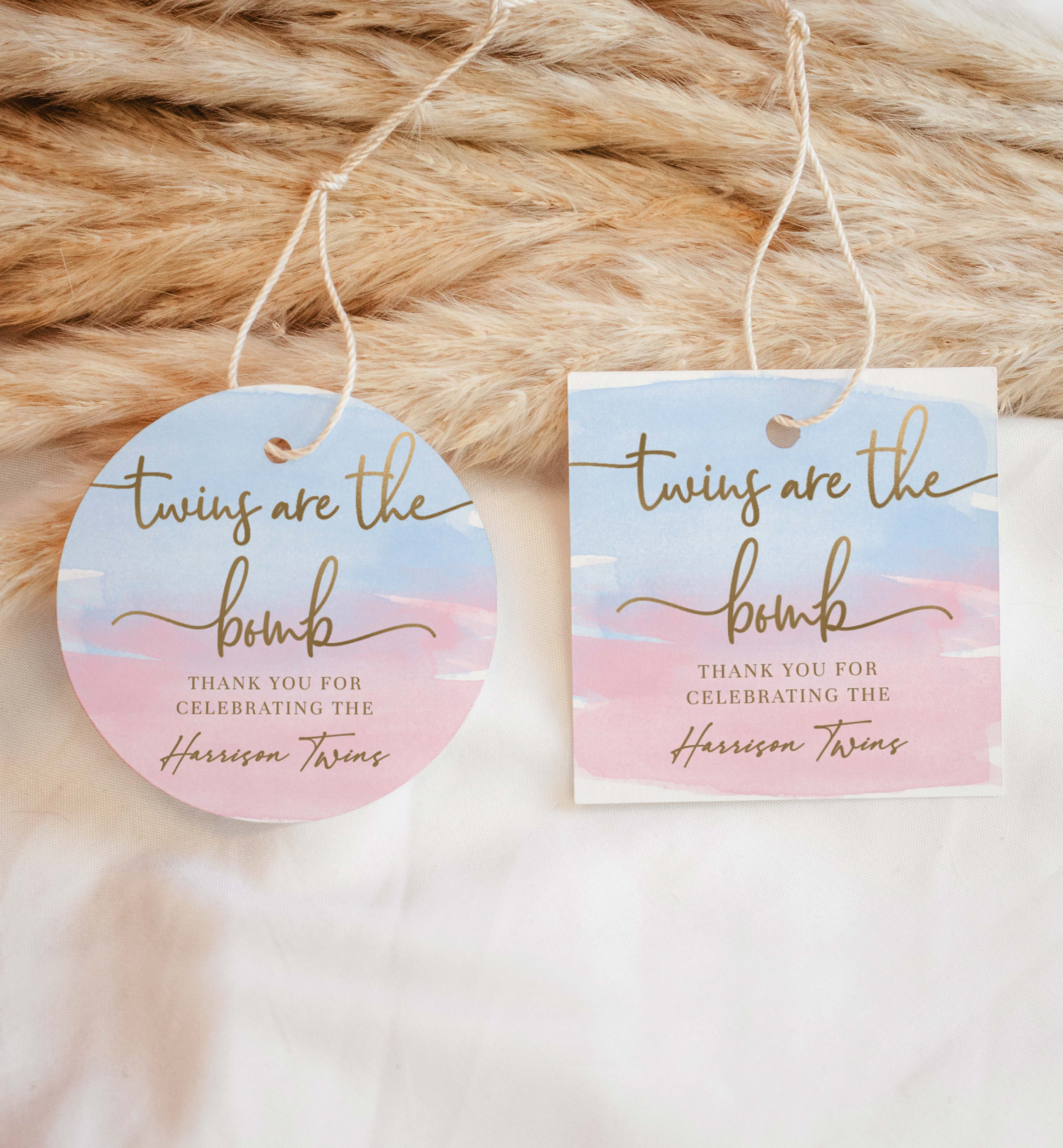 WAT-PNB-6-B2825 - WATERCOLOUR PINK BLUE - GOLD - TWINS ARE THE BOMB TAG design preview