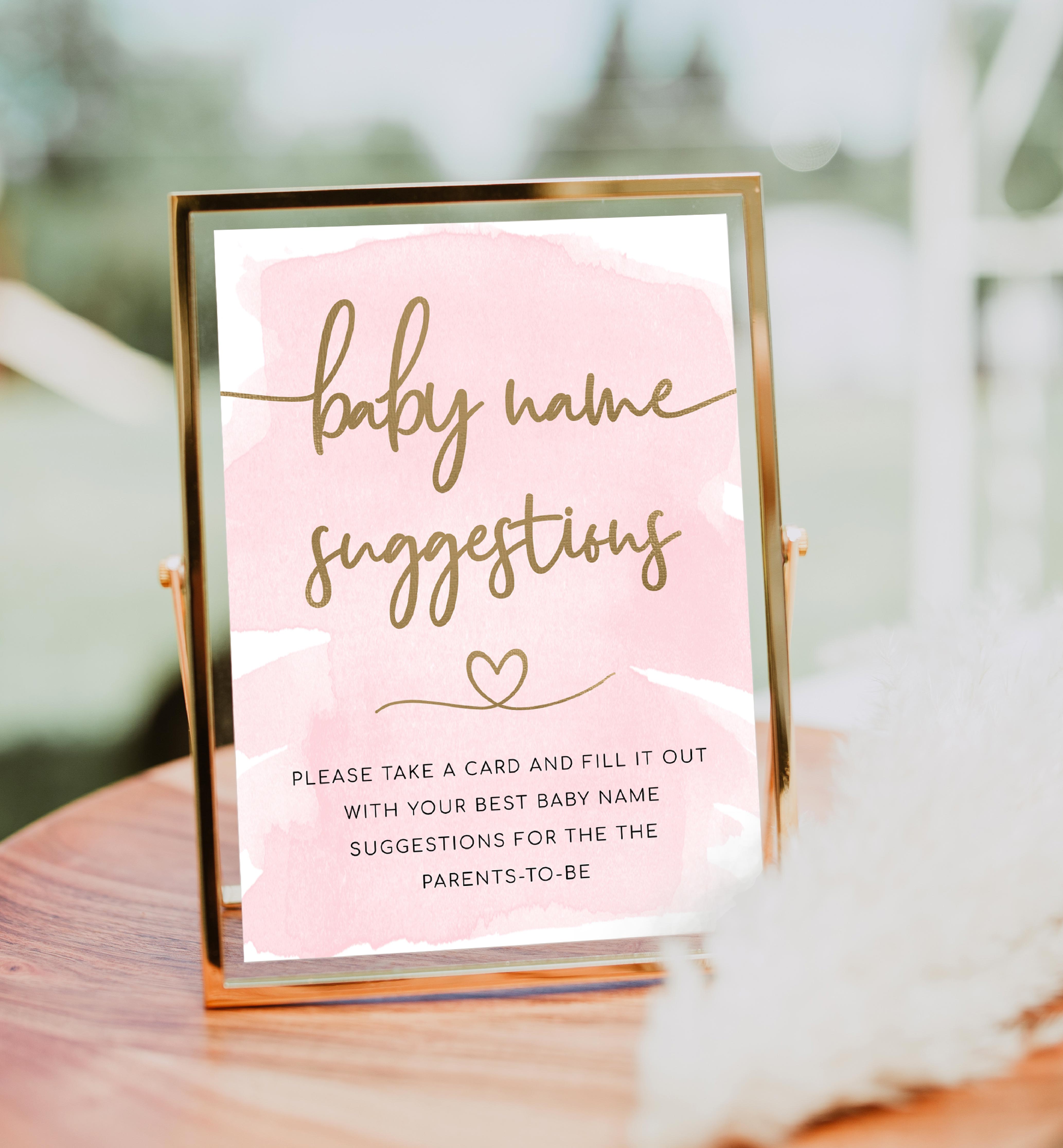 WAT-PNK-7-B1887 - WATERCOLOUR PINK - GOLD - NAME SUGGESTION SIGN AND CARD design preview