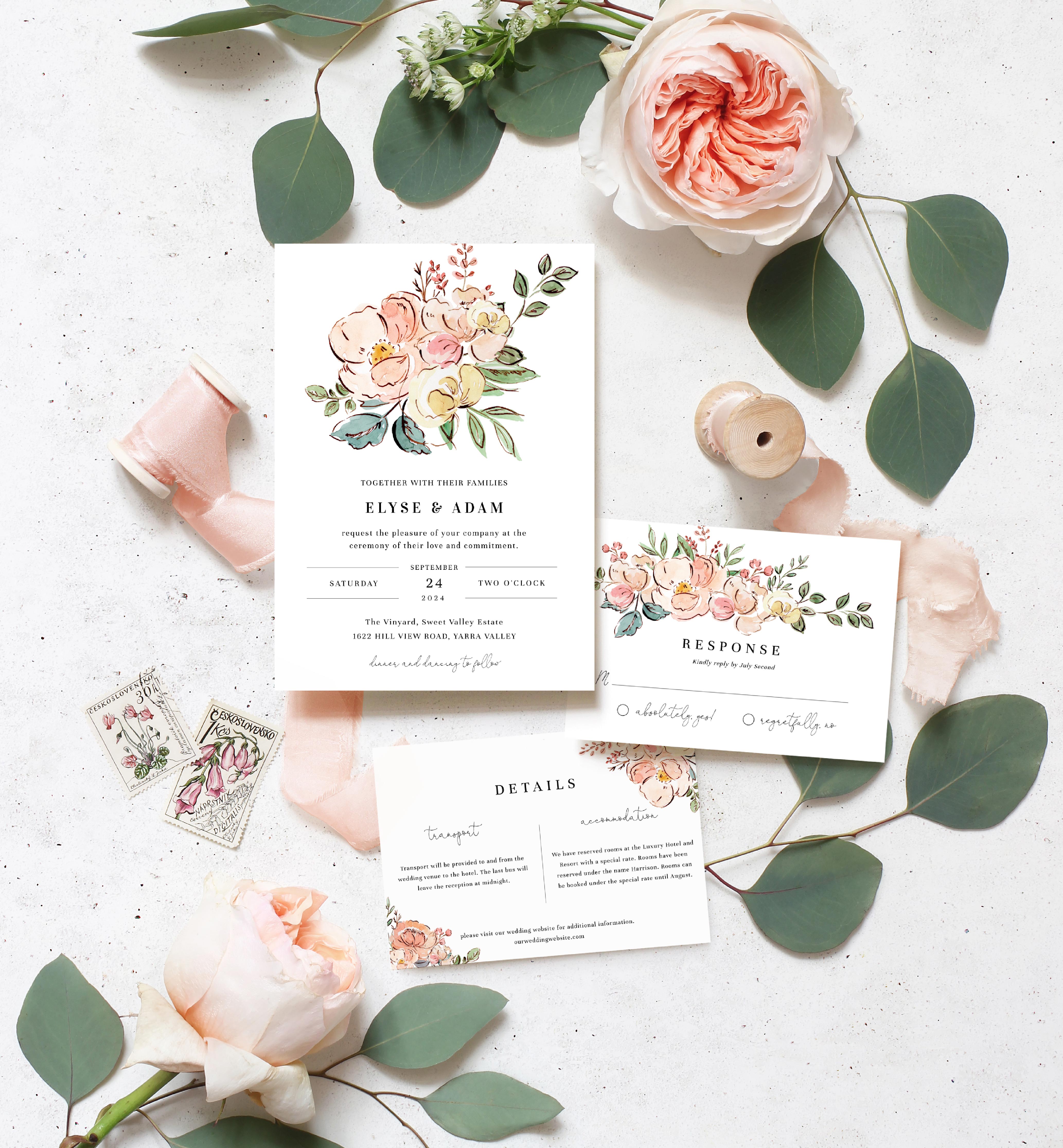 CAM-MLT-1-B718 - CAMBRIDGE FLORAL - MULTI - WEDDING INVITATION SUITE design preview