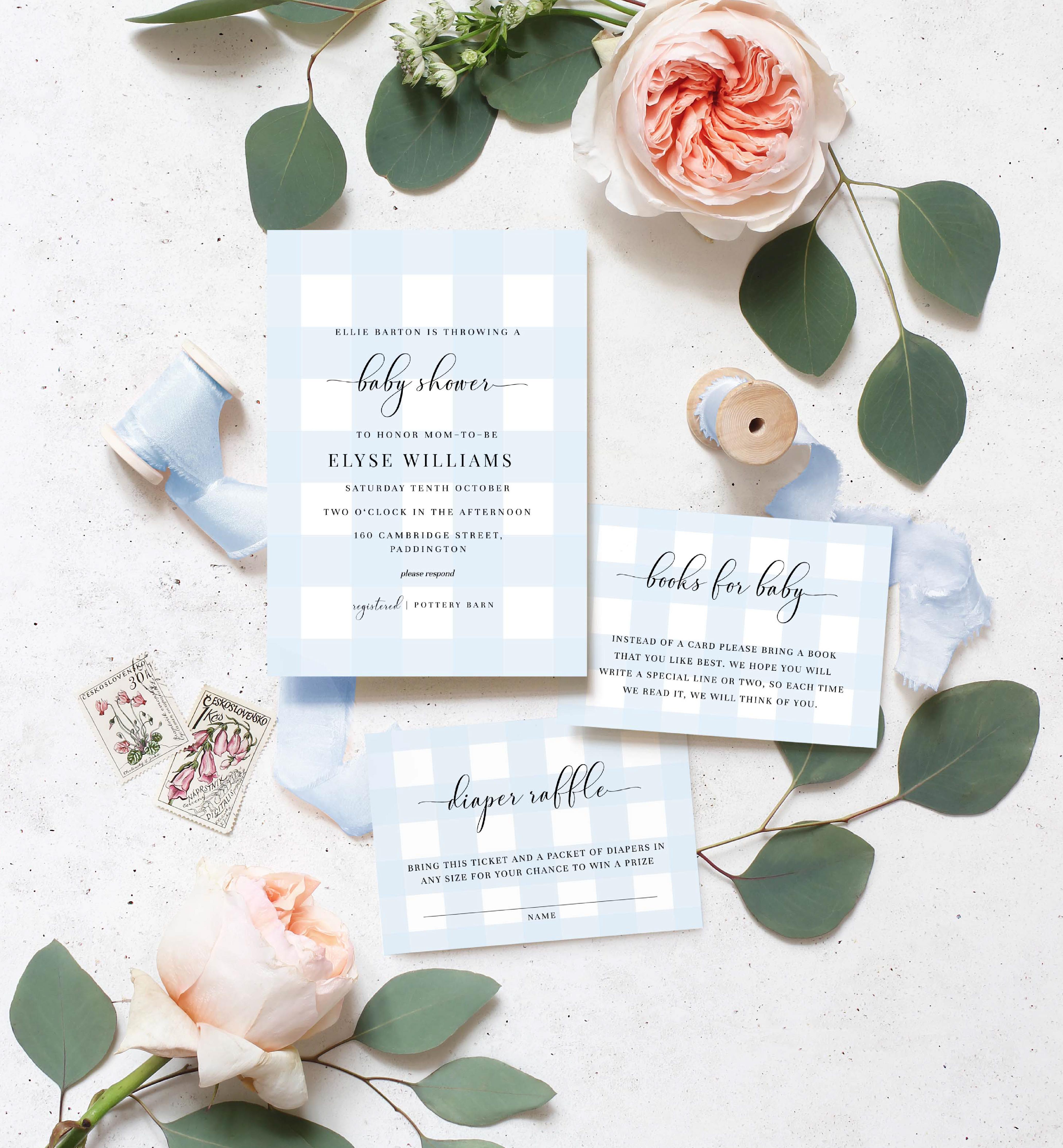 GIN-BLU-1-B197 - GINGHAM BLUE - BABY SHOWER INVITATION SUITE design preview