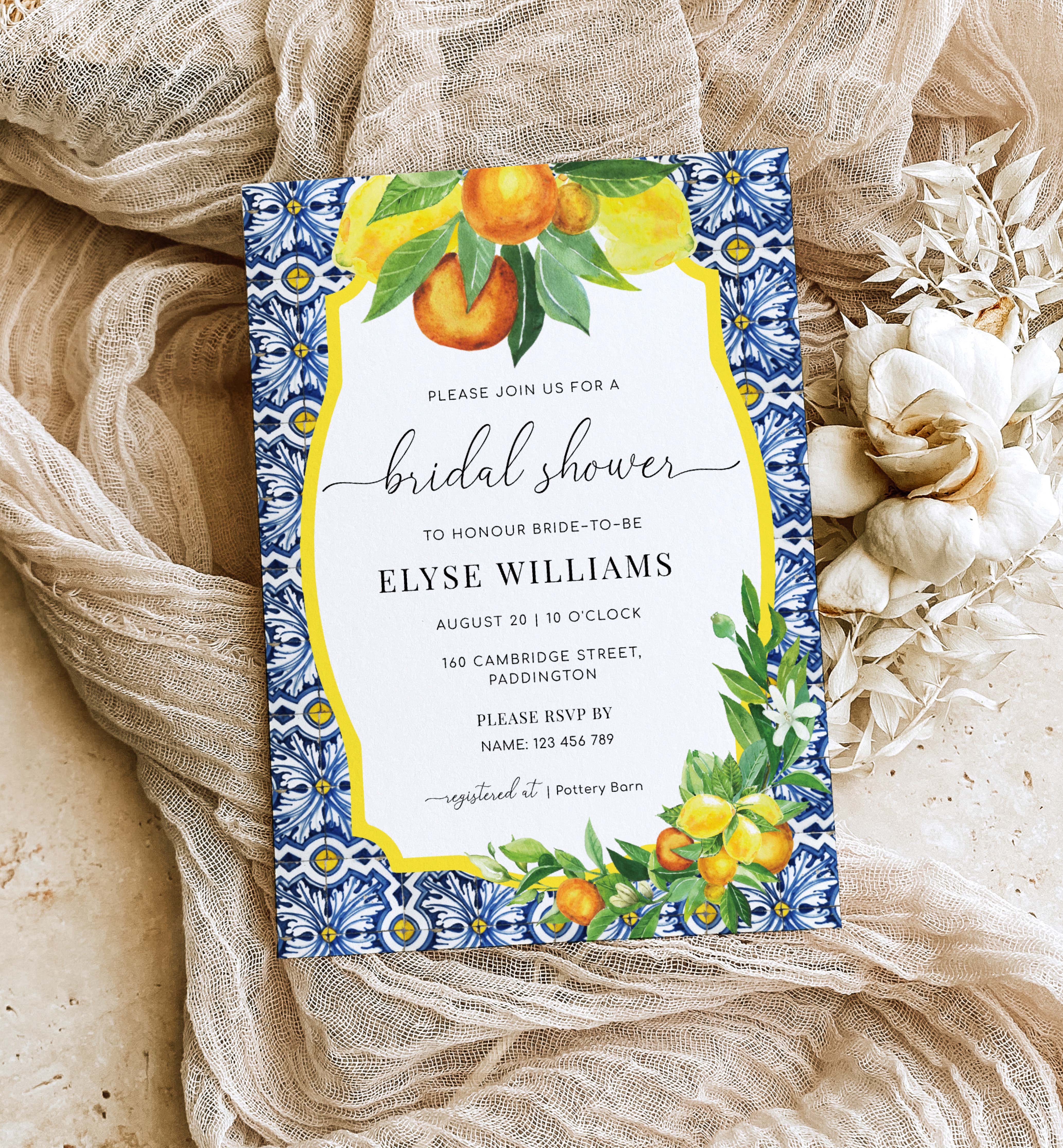 POS-BOL-1-B050 - POSITANO BLUE TILE - ORANGES LEMONS - BRIDAL SHOWER INVITATION design preview