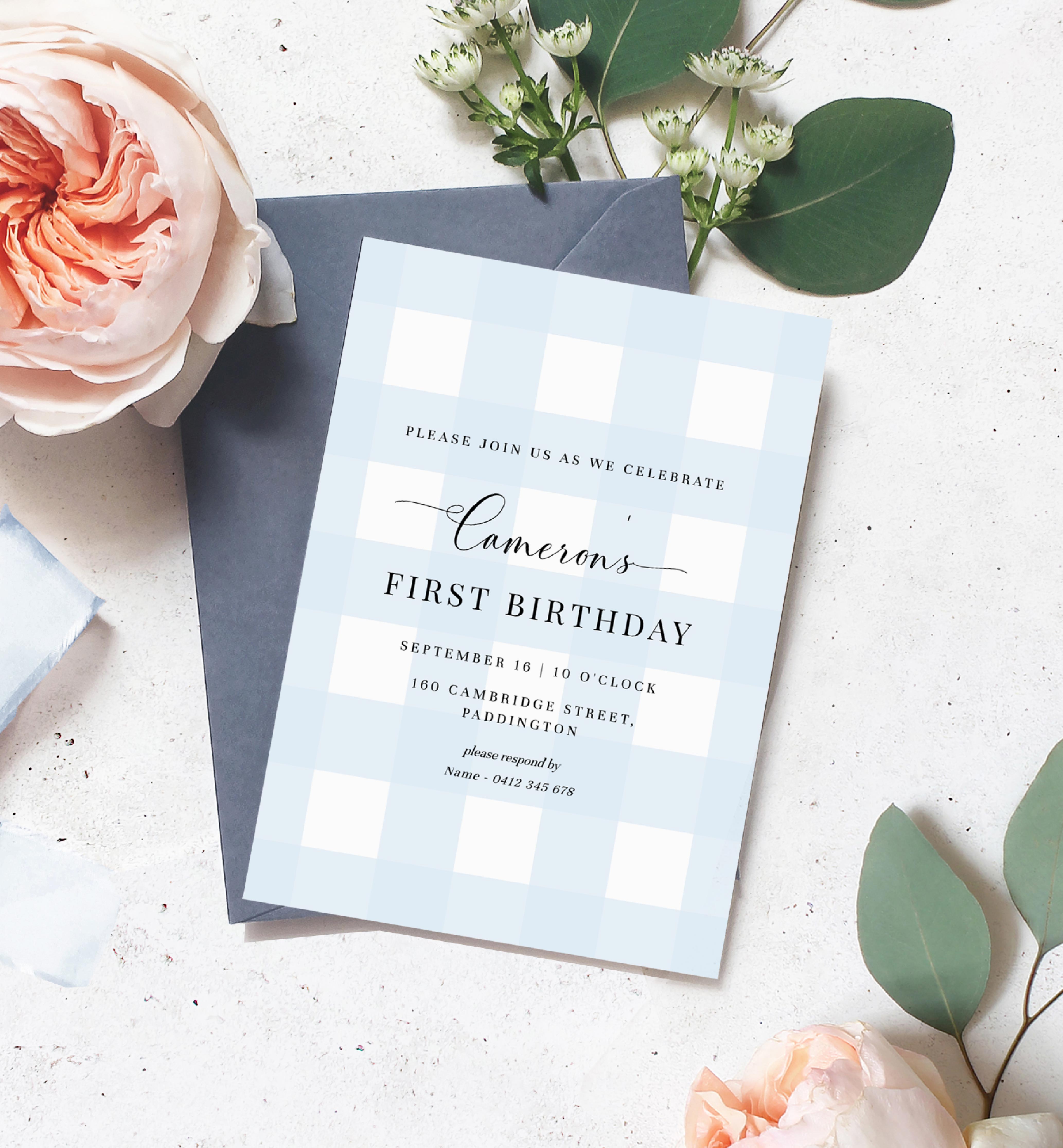GIN-BLU-1-B1936 - GINGHAM - BLUE - BIRTHDAY INVITATION design preview