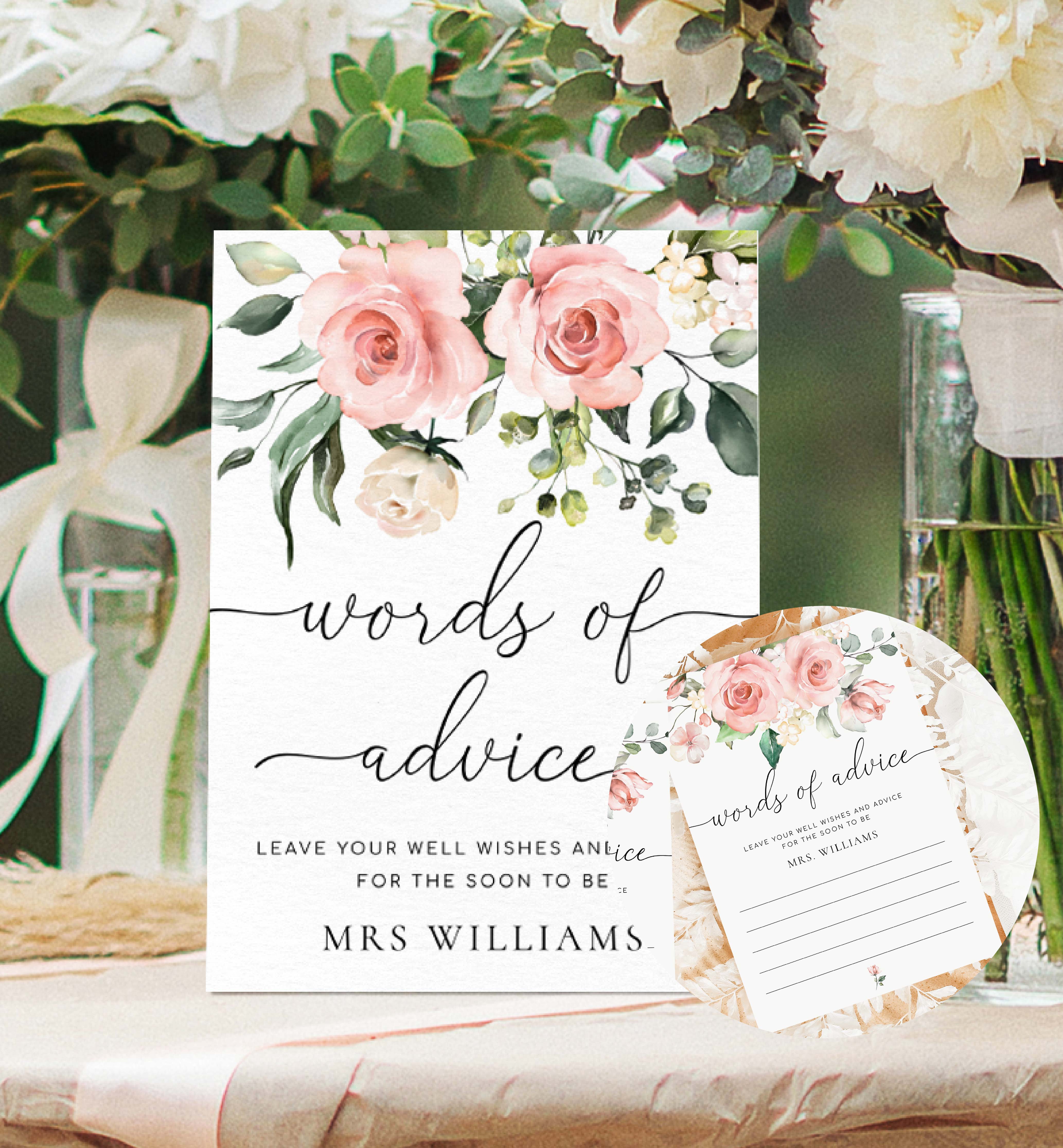 DAR-PNK-10-B383 - DARCY FLORAL PINK - WORDS OF ADVICE CARD AND SIGN BUNDLE design preview