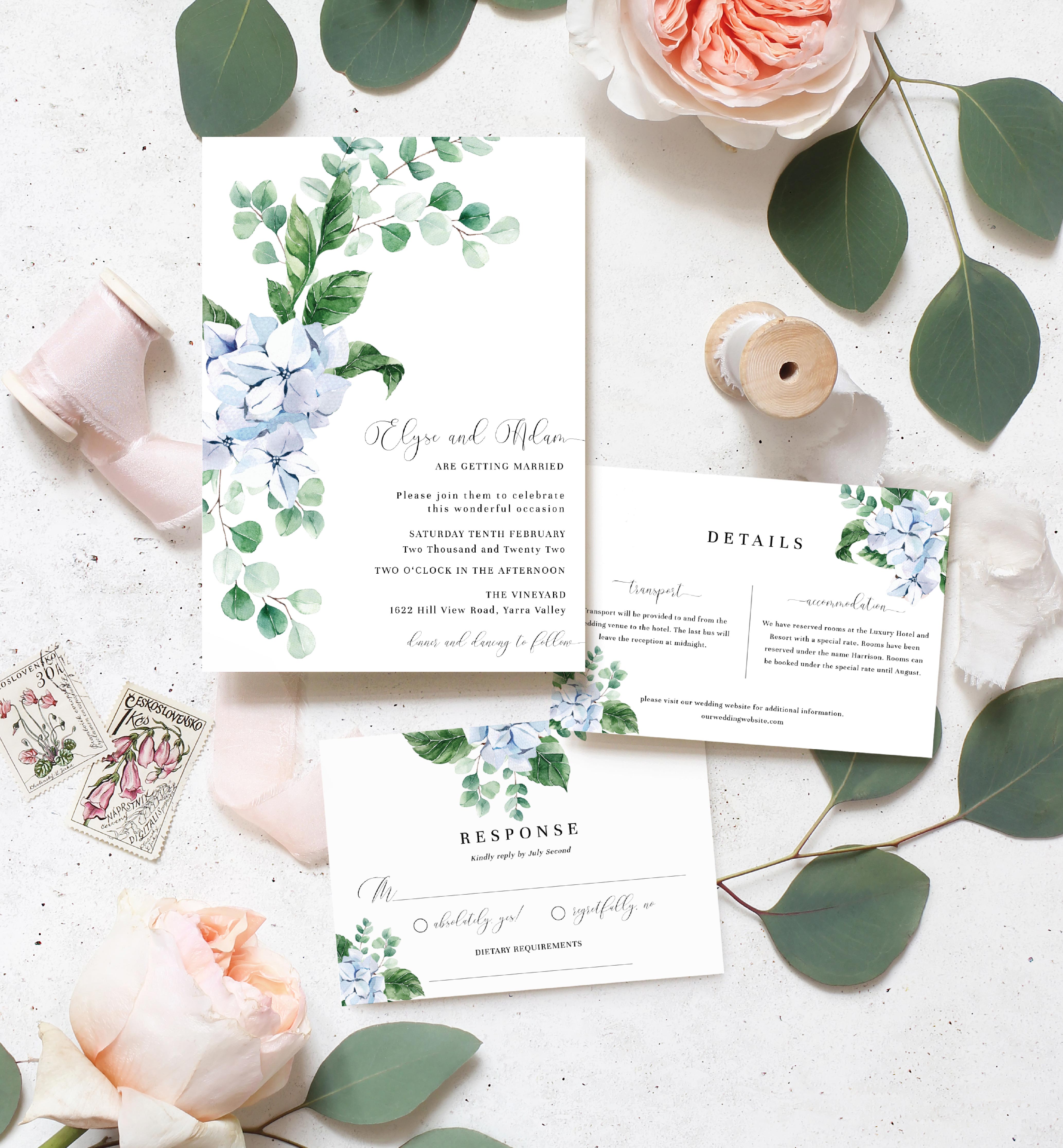 FER-BLU-1-B1222 - FERRAS BLOSSOM - BLUE - WEDDING INVITATION SUITE design preview
