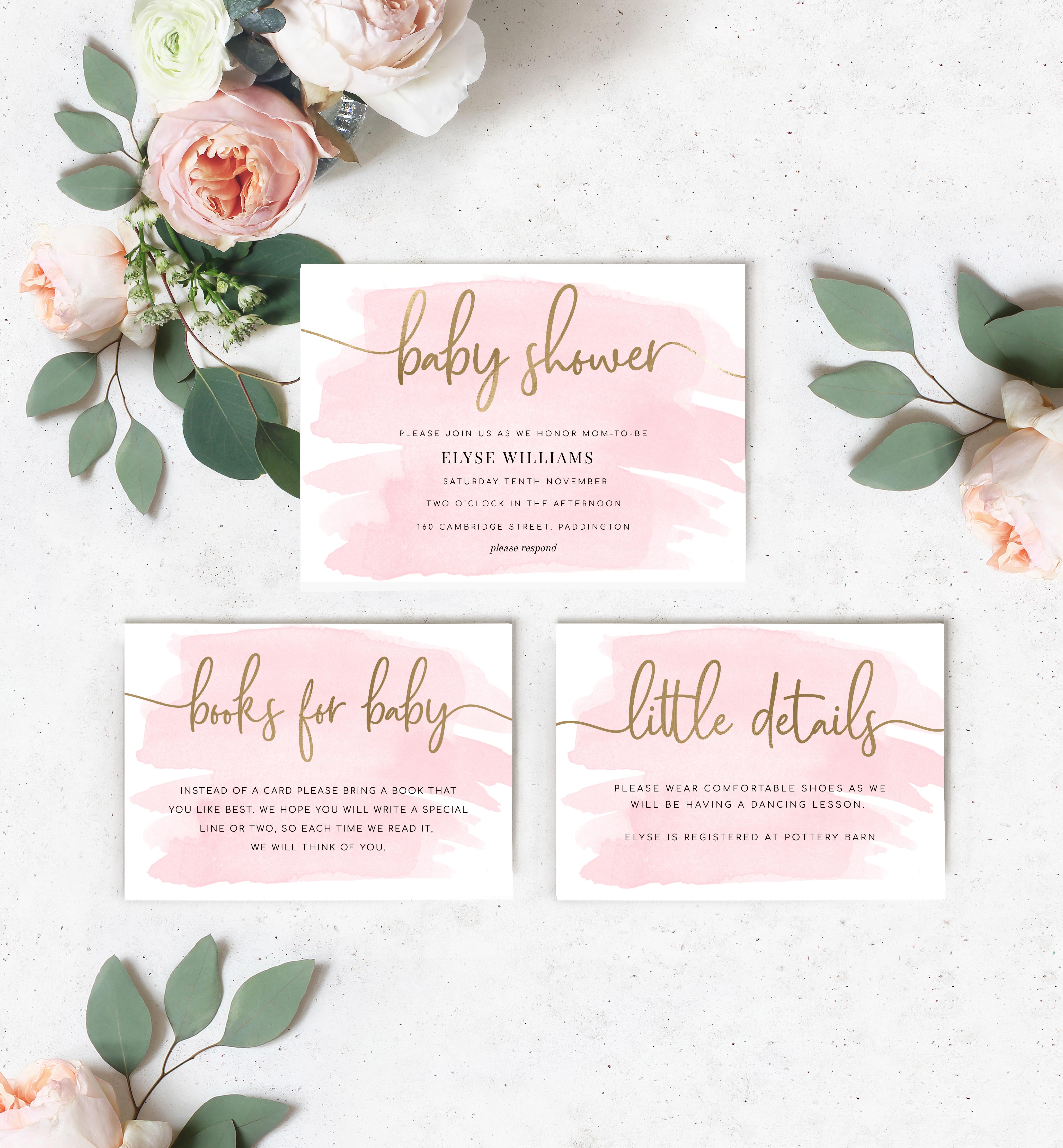 WAT-PNK-1-B290 - WATERCOLOUR PINK - GOLD FOIL - BABY SHOWER INVITATION SUITE design preview