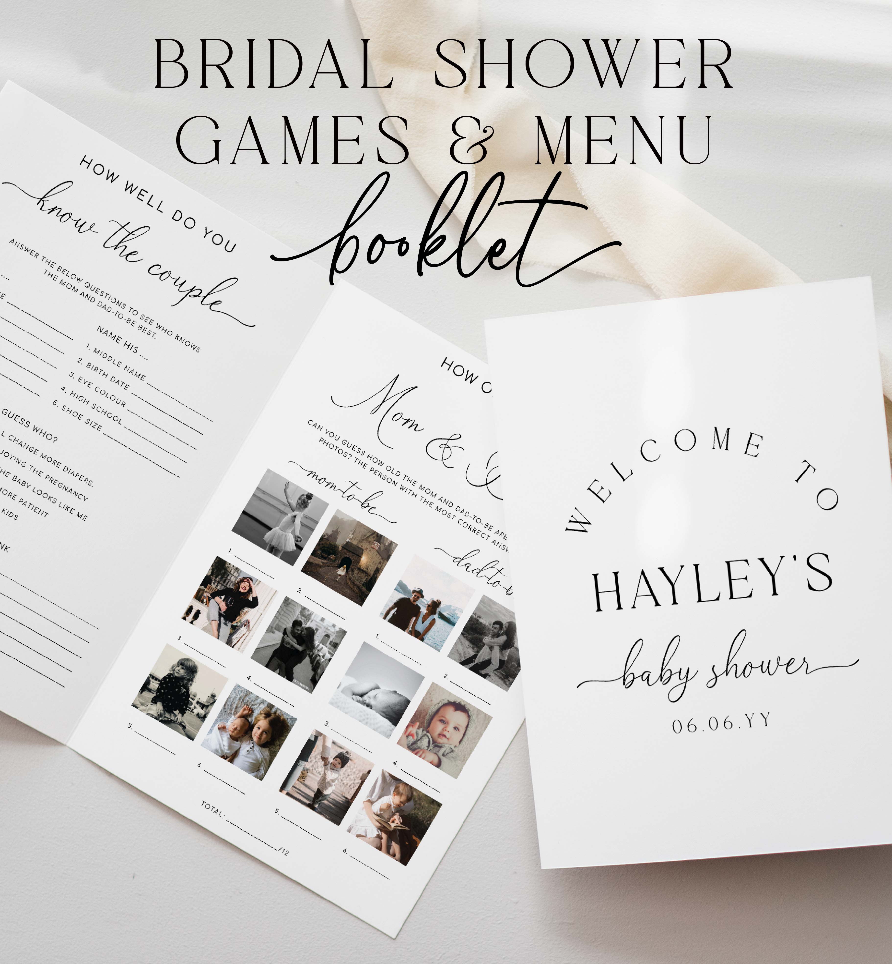 QSC-WHT-10-B3103 - QUINN SCRIPT - WHITE - BABY SHOWER GAME & MENU BOOKLET design preview