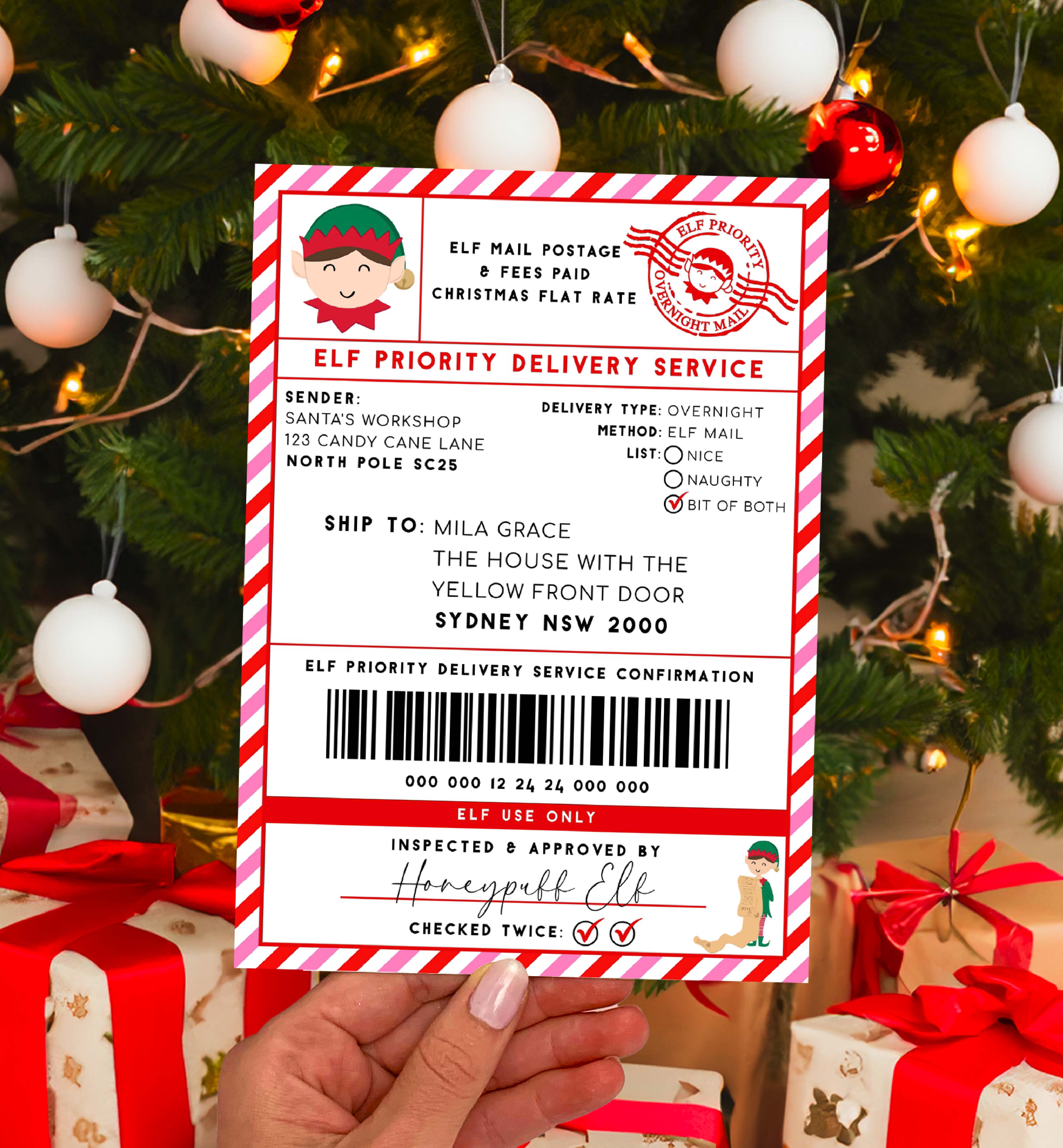 SAW-RPK-6-B2939 - SANTAS WORKSHOP - RED PINK - ELF SHIPPING LABEL design preview
