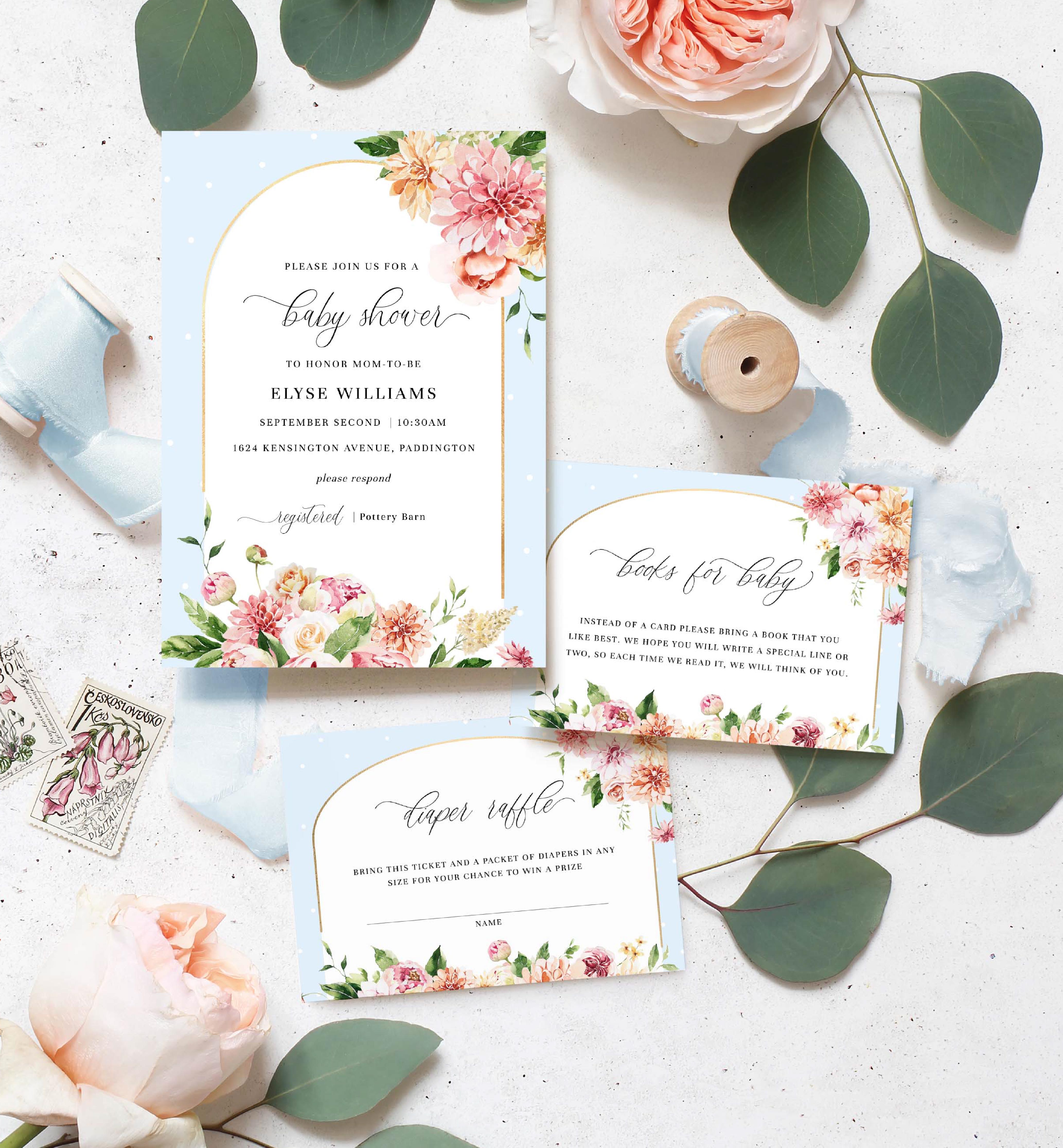 QIN-BLU-1-B1726 - QUINN FLORAL - BLUE - BABY SHOWER INVITATION SUITE design preview