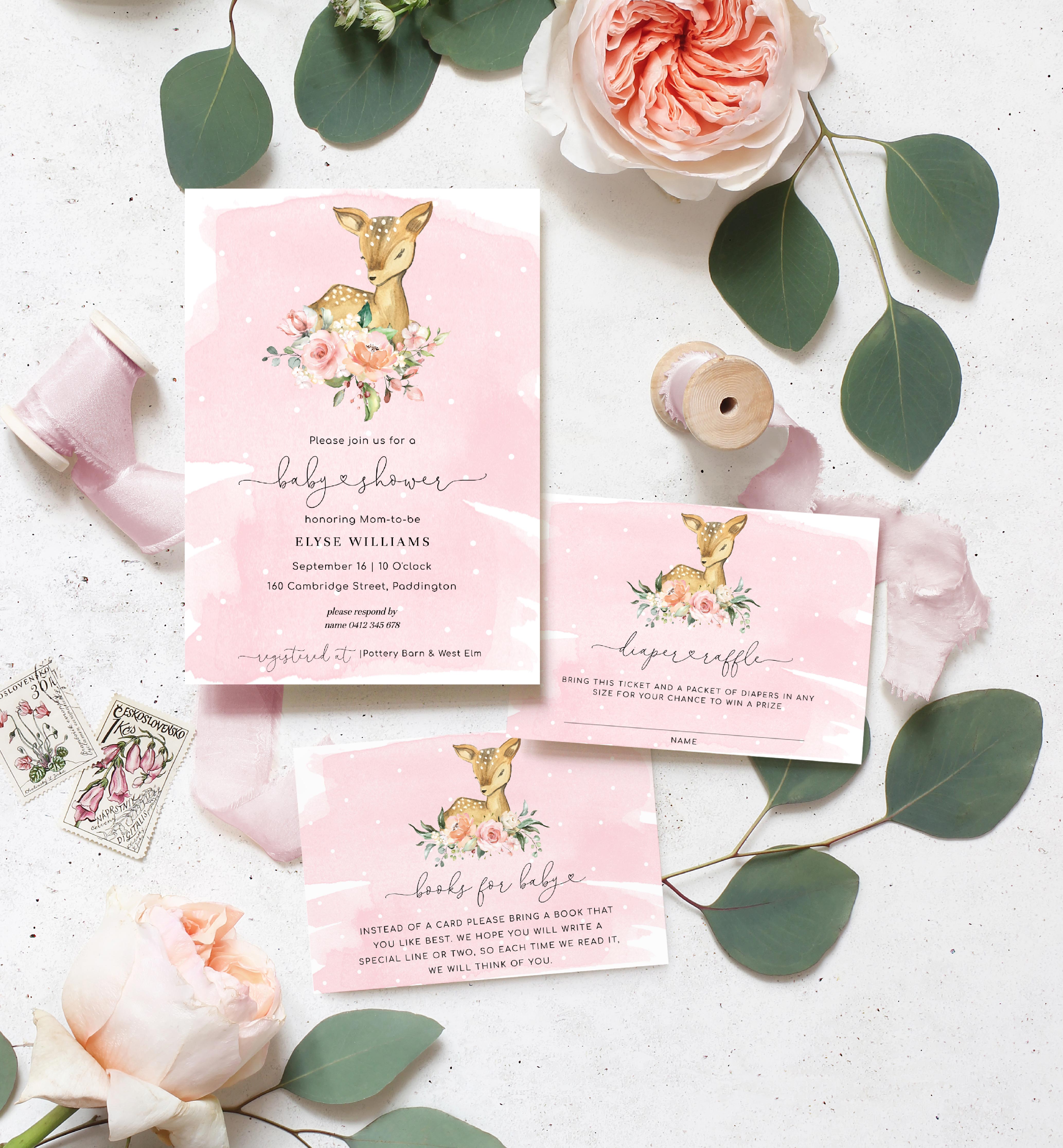 DEE-PNK-1-B1170 - OH DEER - PINK - BABY SHOWER INVITATION SUITE design preview