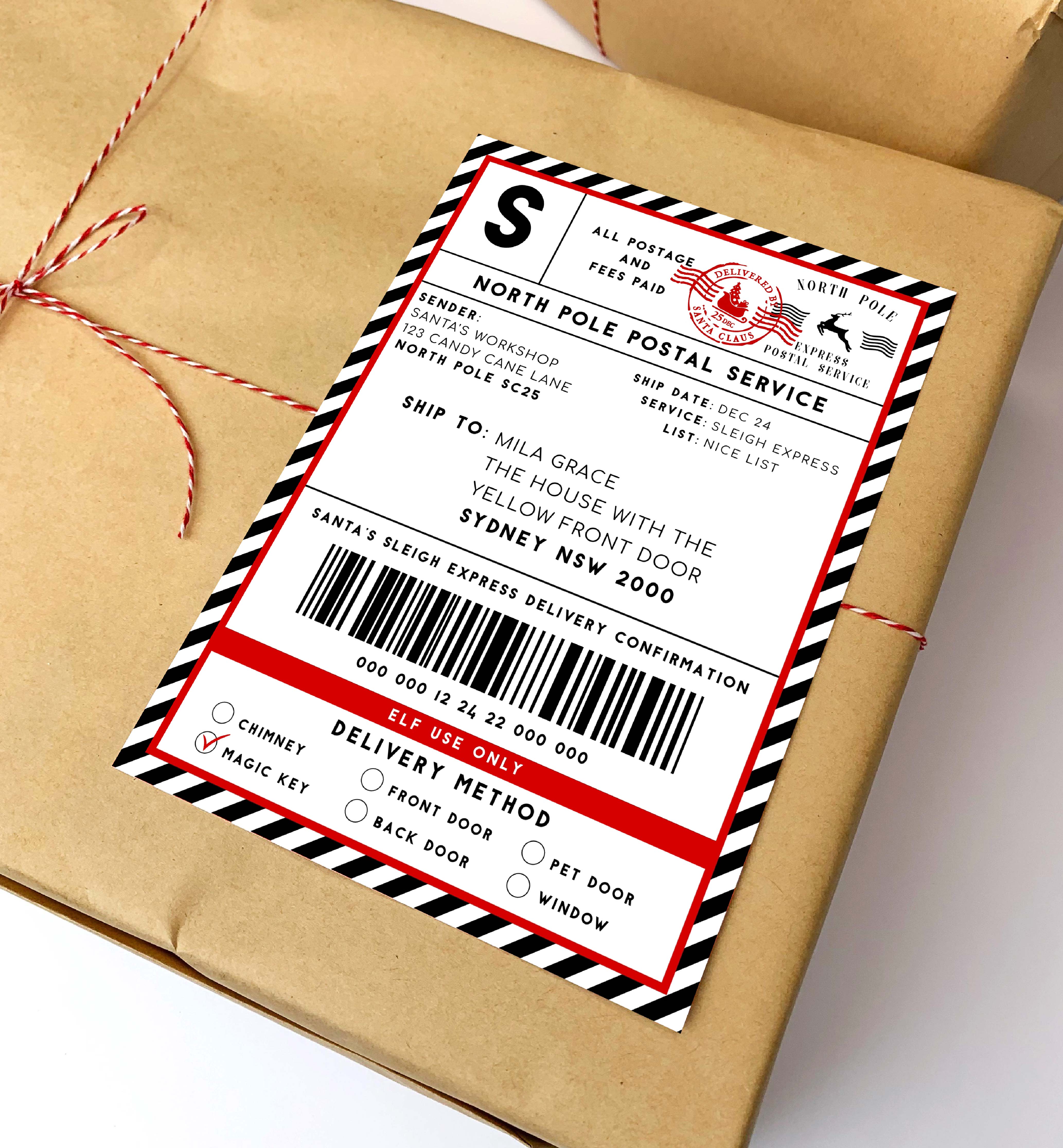 SAW-BKR-6-B2329 - SANTAS WORKSHOP - BLACK RED - SHIPPING LABEL design preview