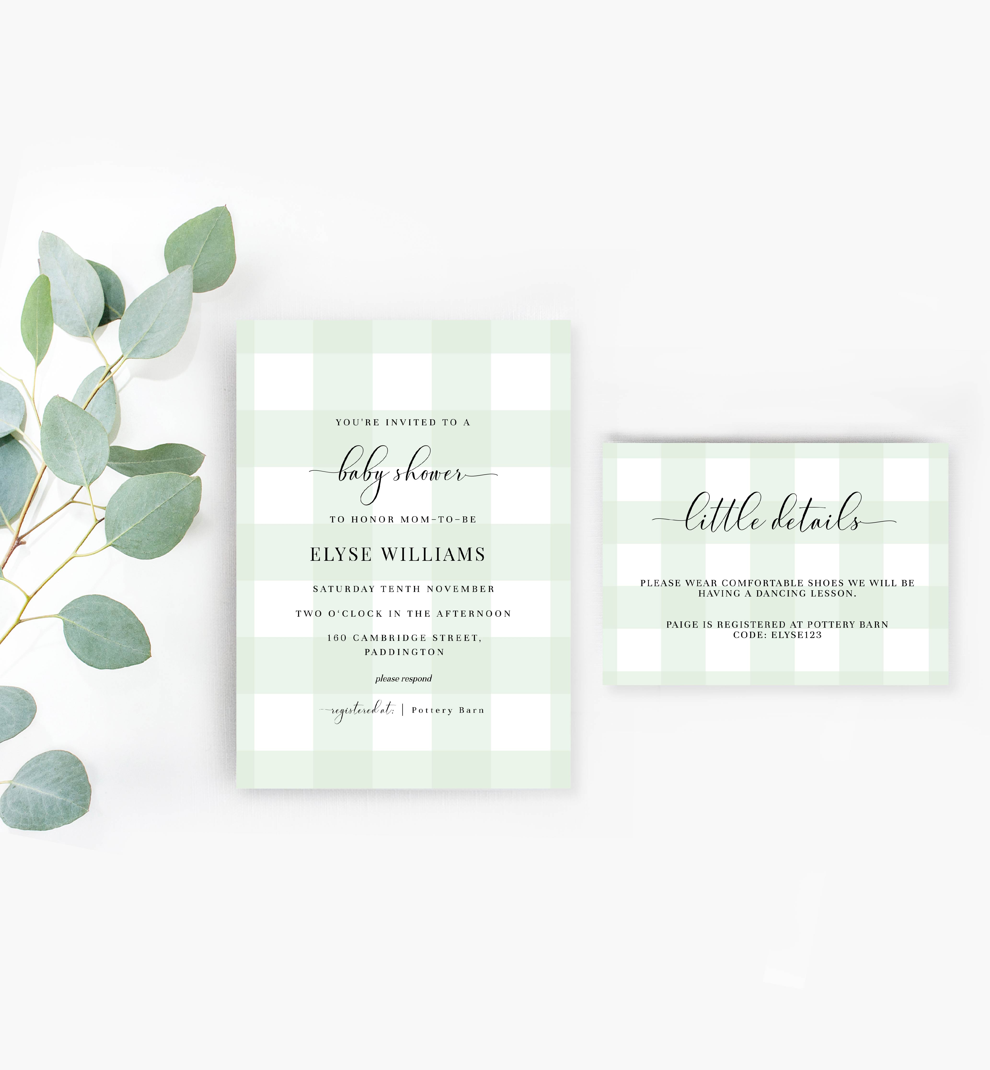 GIN-GRE-1-B197 - GINGHAM GREEN - BABY SHOWER INVITATION SUITE design preview