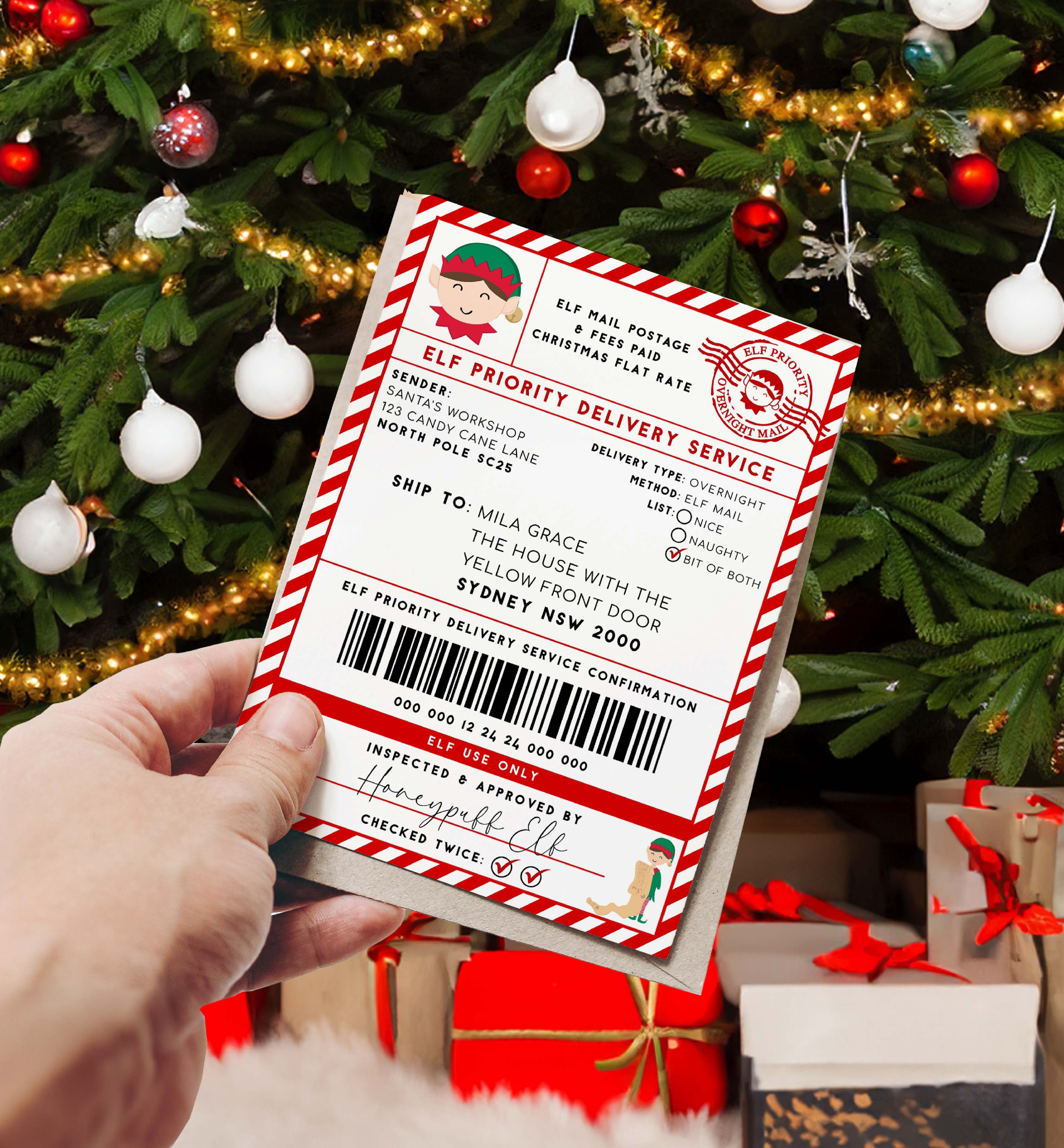 SAW-RDW-6-B2939 - SANTAS WORKSHOP - RED WHITE - ELF SHIPPING LABEL design preview