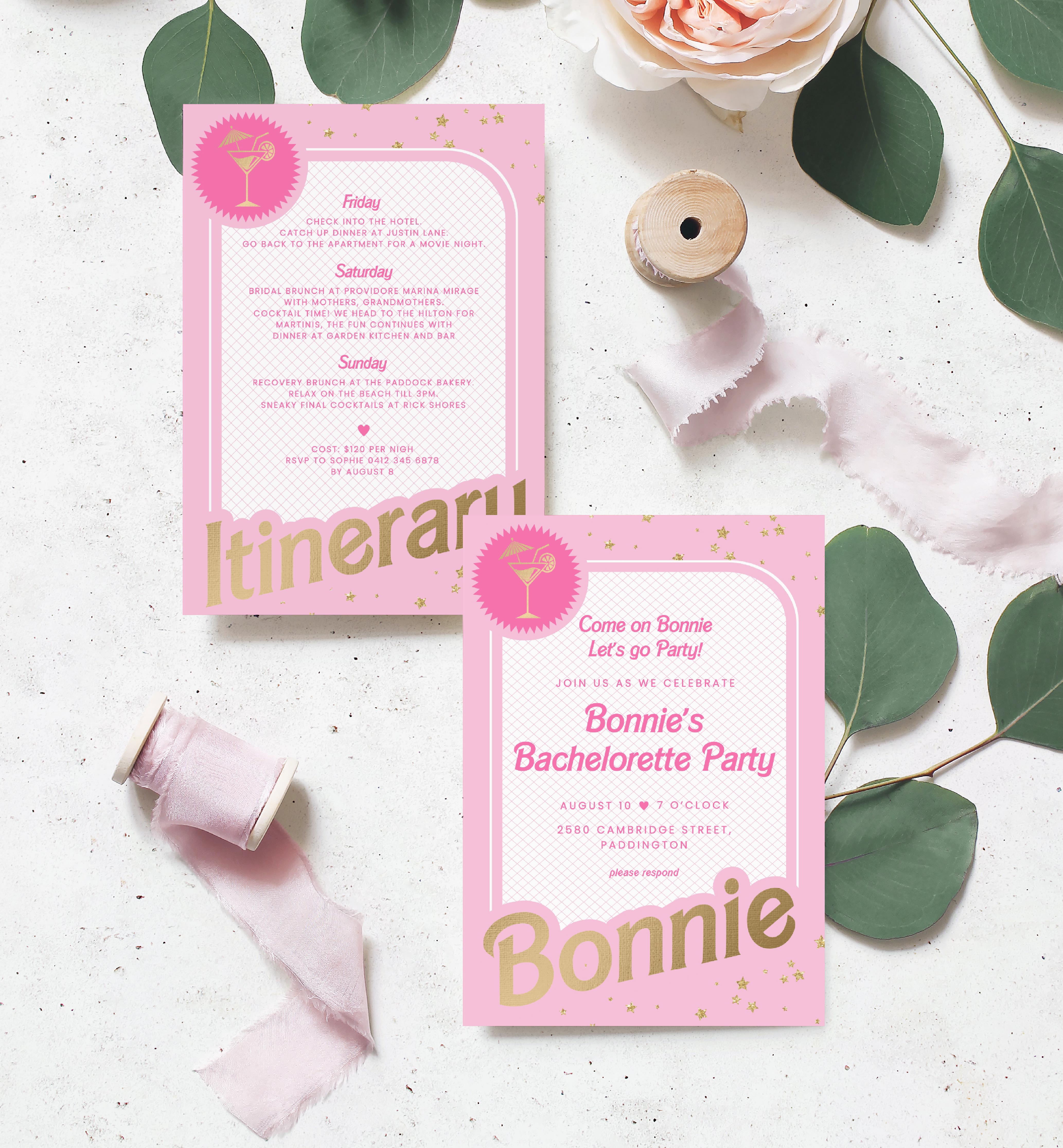 BAR-PNK-1-B2051 - BARBIE PARTY - PINK GOLD - BACHELORETTE INVITATION ITINERARY BUNDLE design preview