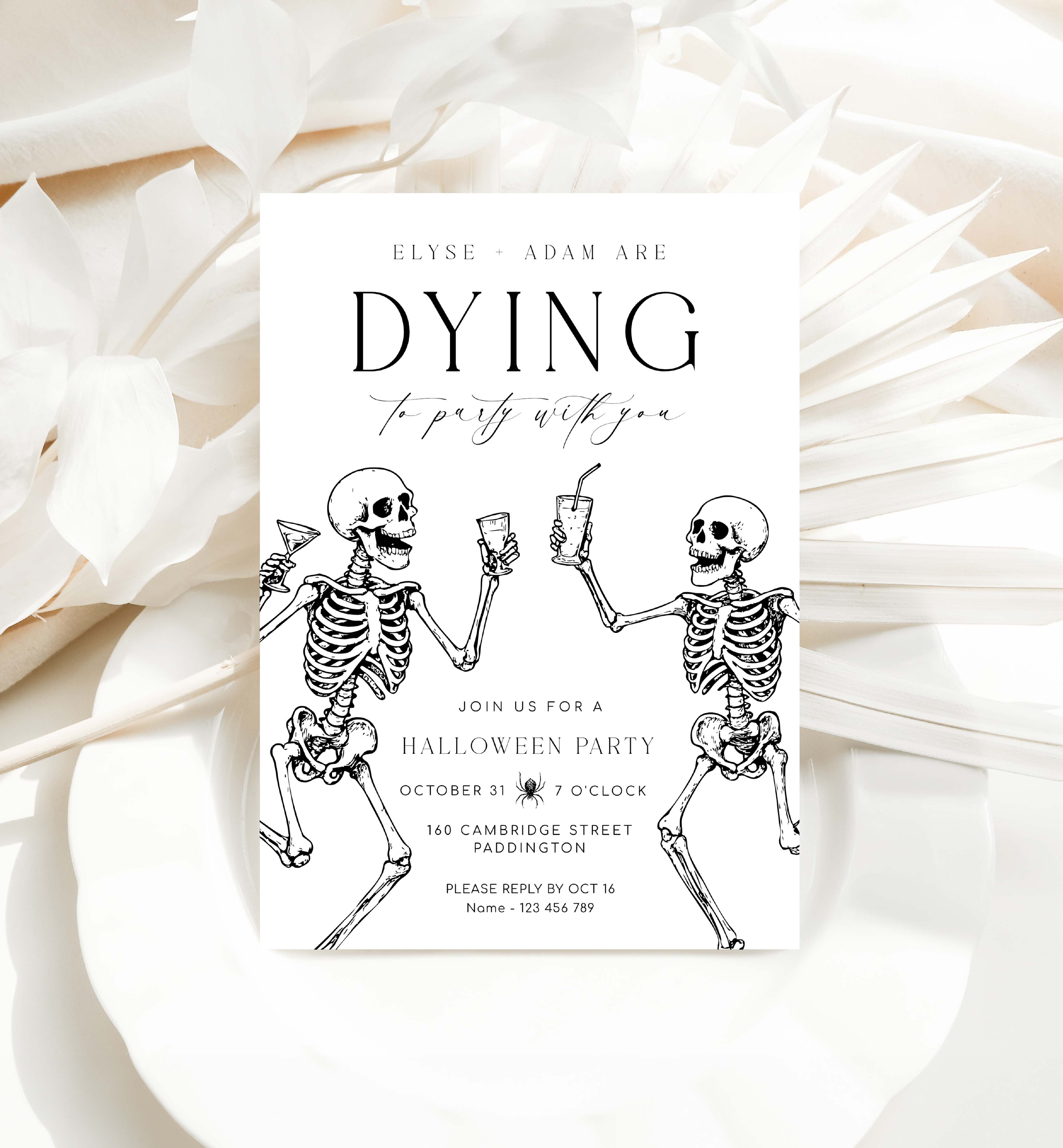 HAL-WHT-1-B3695 - HALLOWEEN - WHITE - DYING TO PARTY INVITATION design preview