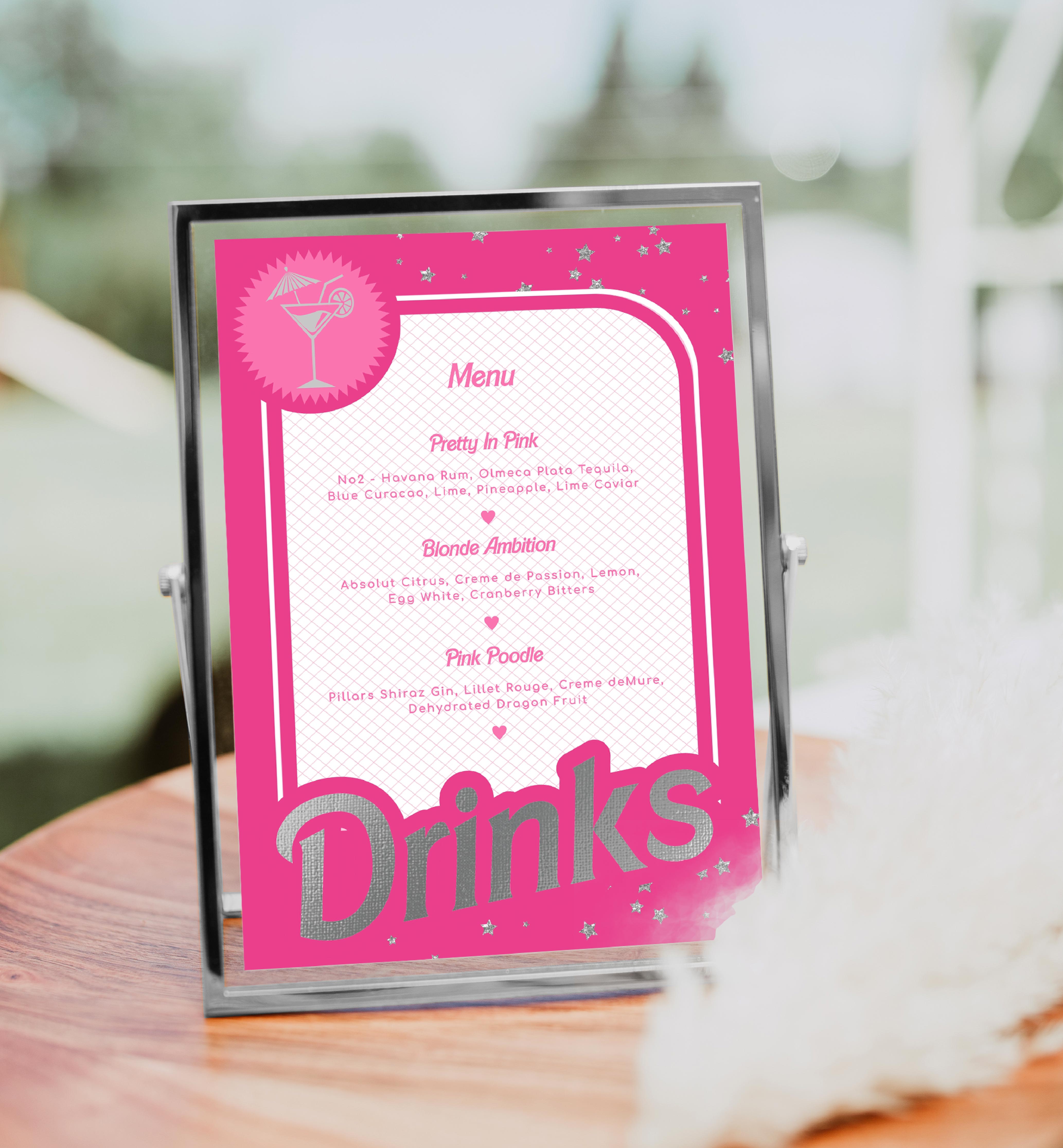 BAR-HPK-7-B2324 - BARBIE PARTY - HOT PINK SILVER - DRINKS MENU SIGN design preview