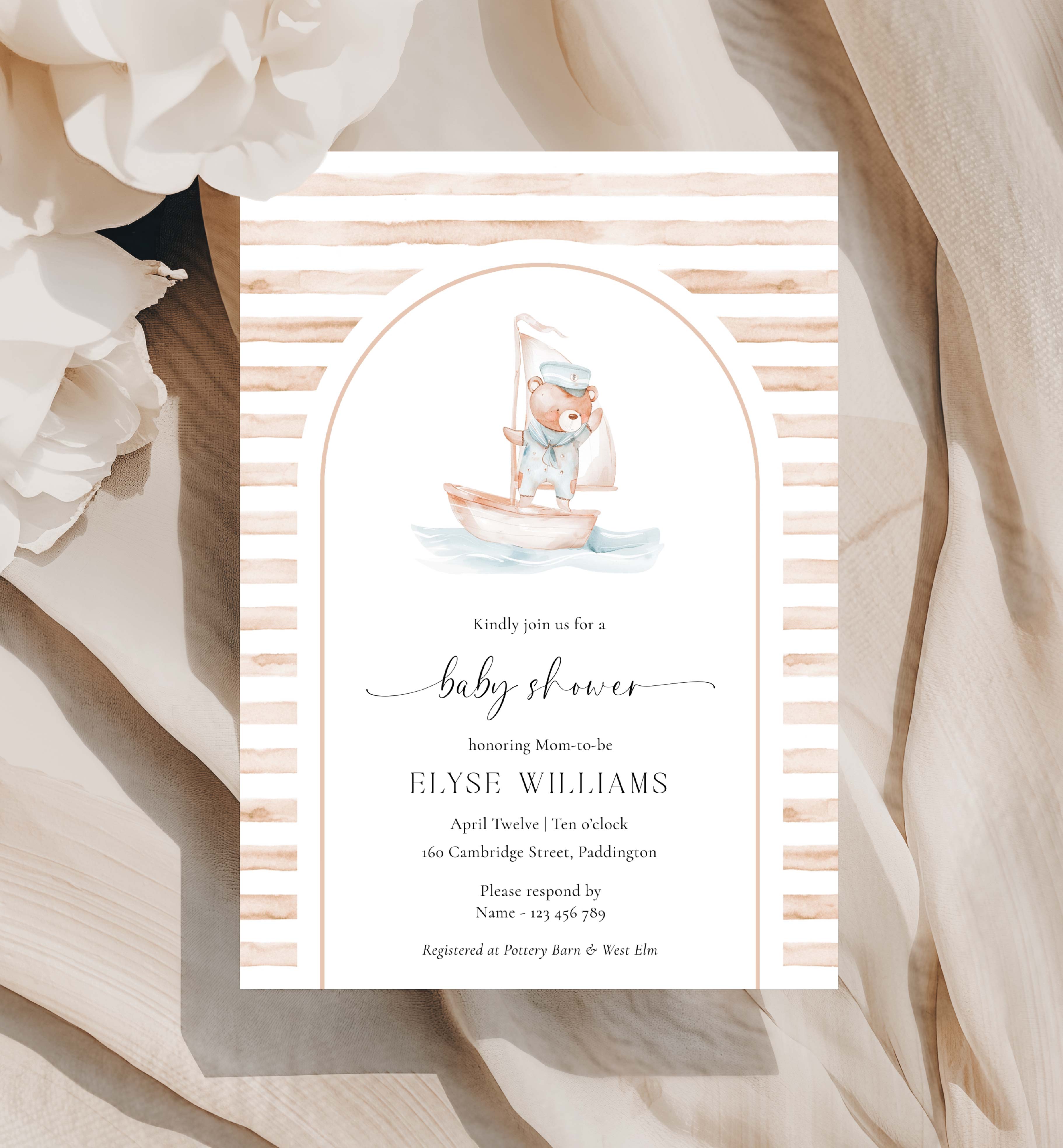SBR-TAN-1-B3382 - SAILOR BEAR - TAN - BABY SHOWER ARCH INVITATION design preview