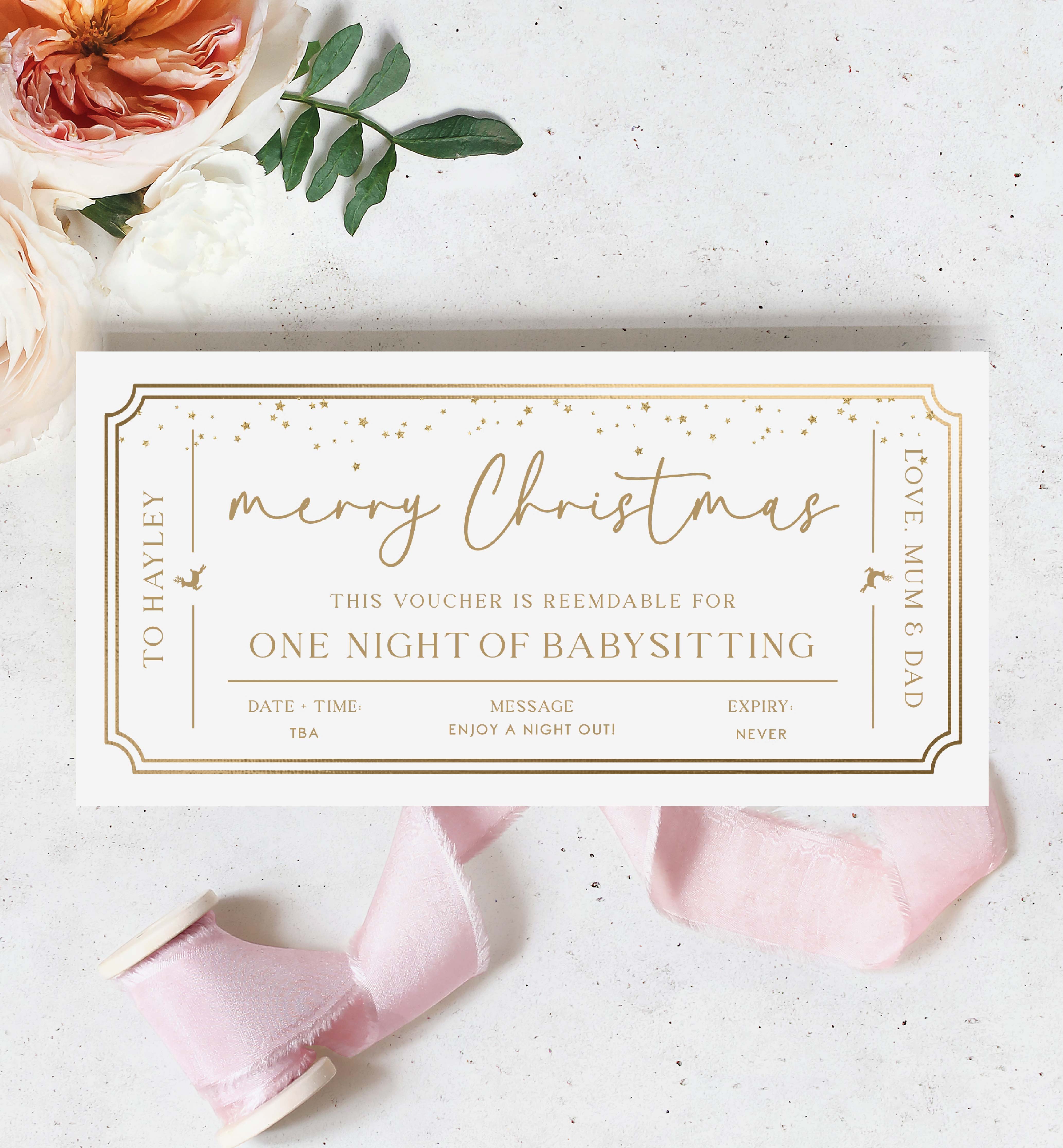 PAN-WHG-14-B3014 - PAINTLY - WHITE GOLD - CHRISTMAS BABYSITTING GIFT CERTIFICATE design preview