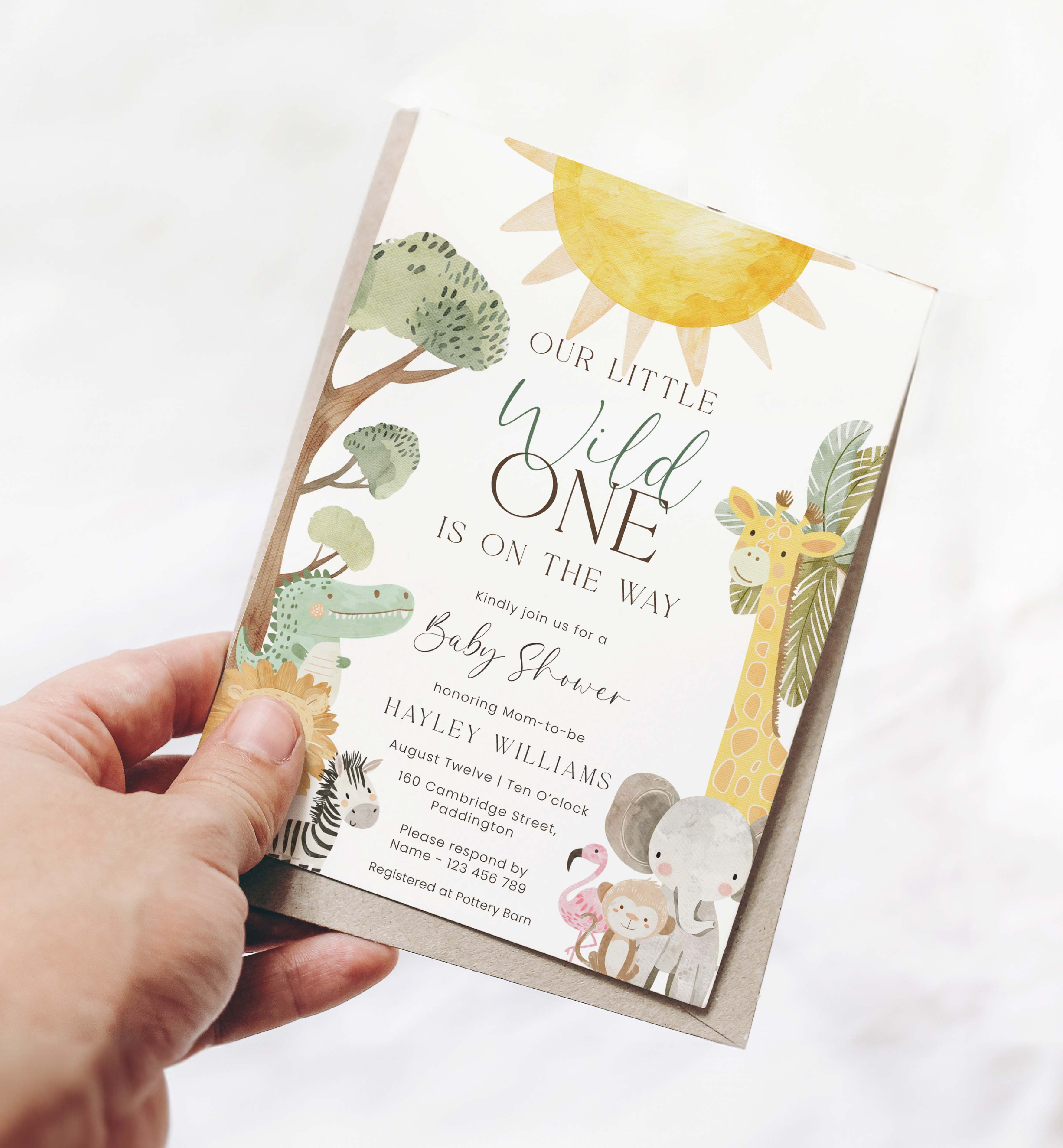 NYS-WHT-1-B3418 - NYALA SAFARI - WHITE - WILD ONE BABY SHOWER INVITATION design preview